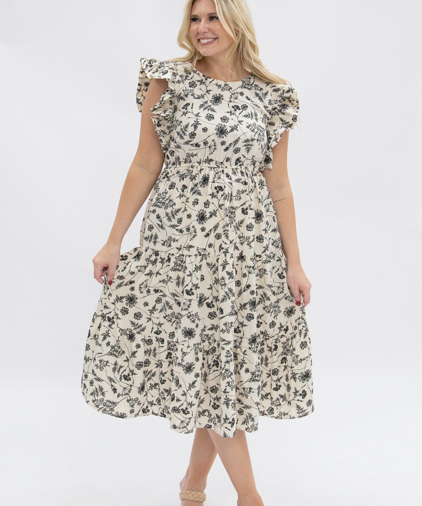 Black & Ivory Floral Tiered Midi Dress for Women – Smocked Waist, Ruffle Sleeves