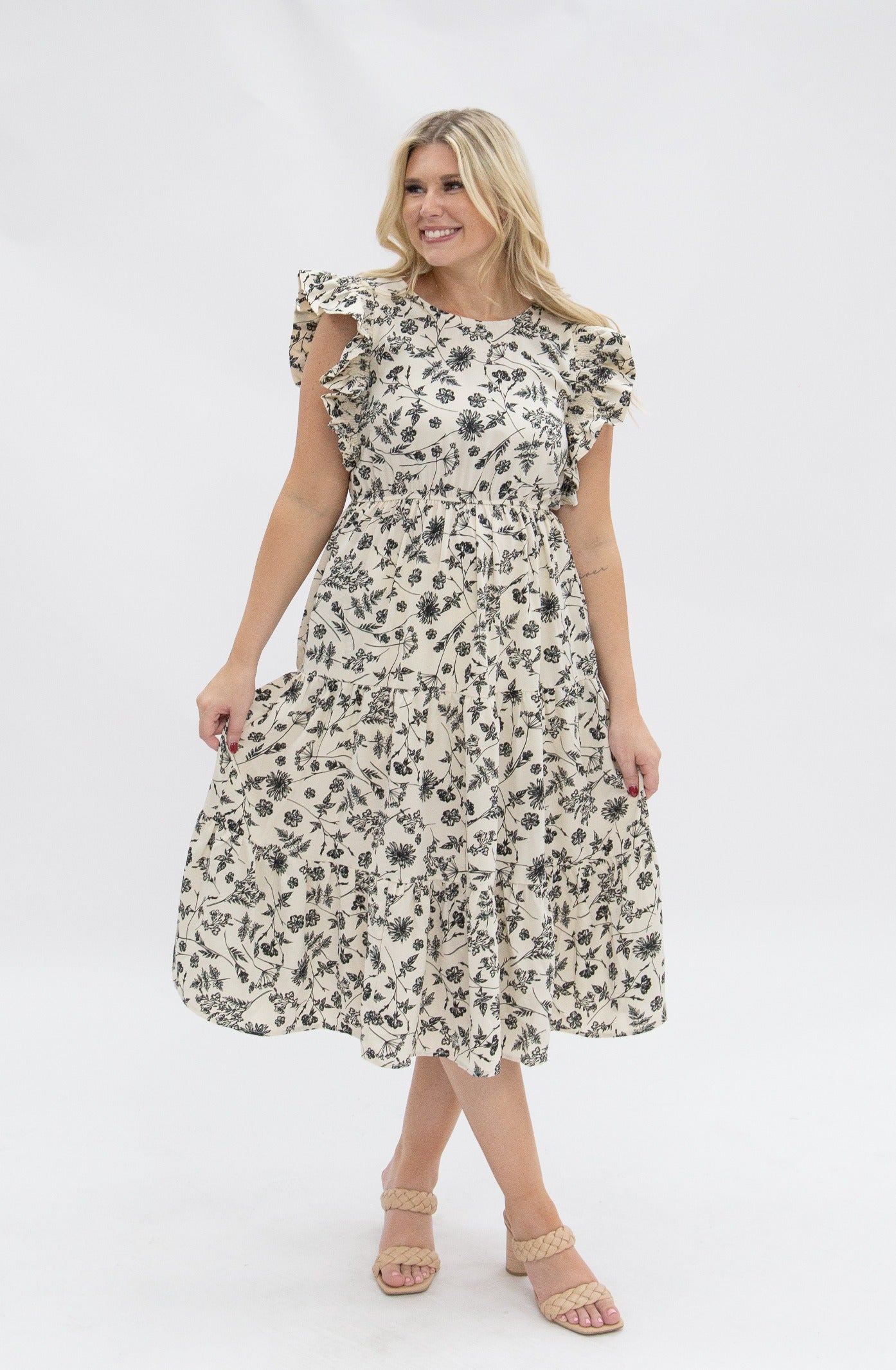 Black & Ivory Floral Tiered Midi Dress for Women – Smocked Waist, Ruffle Sleeves