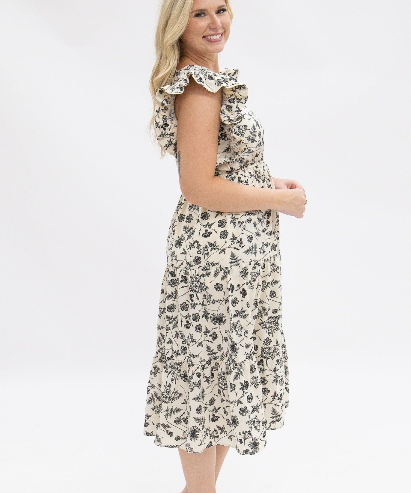 Black & Ivory Floral Tiered Midi Dress for Women – Smocked Waist, Ruffle Sleeves