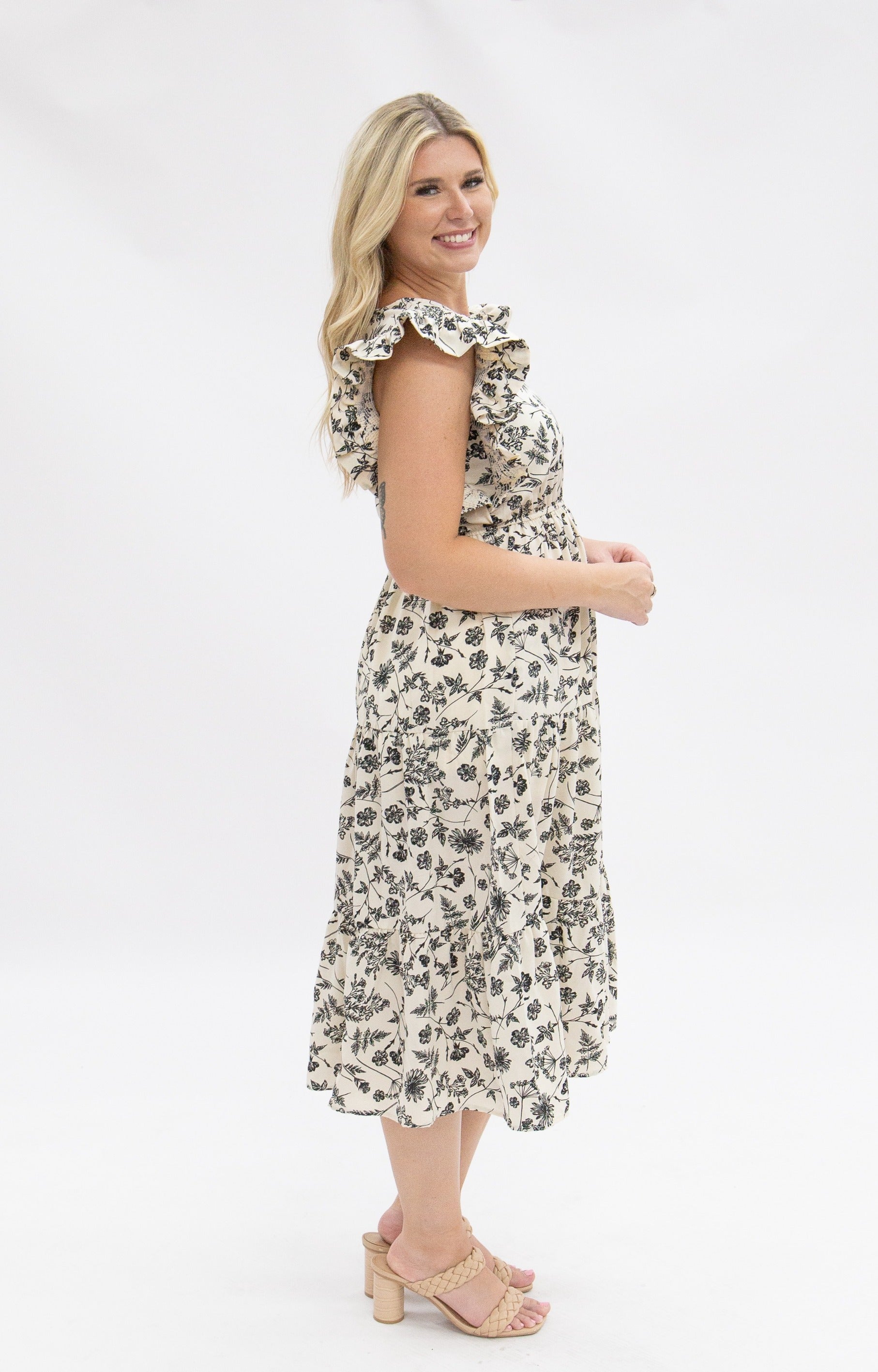 Black & Ivory Floral Tiered Midi Dress for Women – Smocked Waist, Ruffle Sleeves