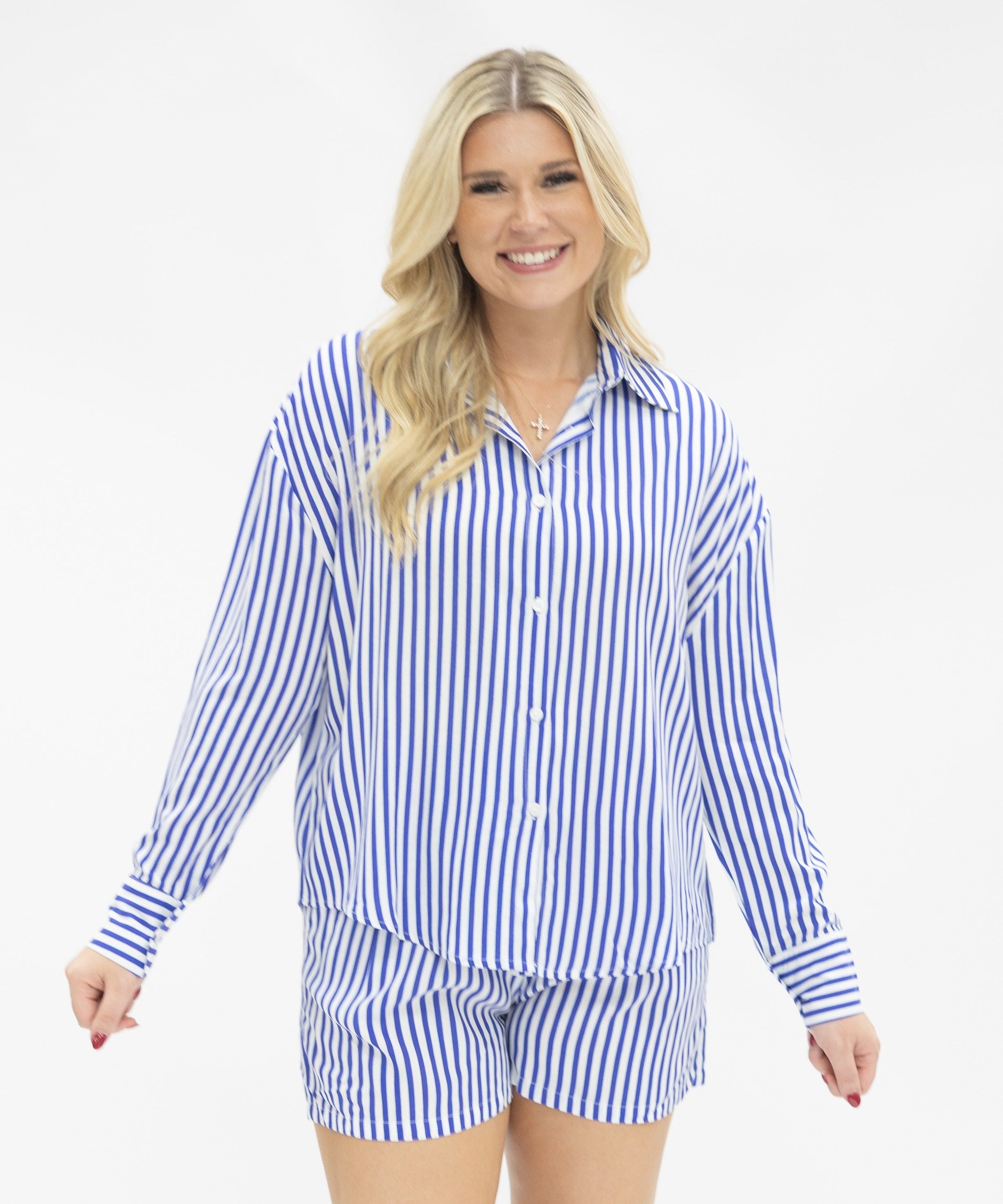 Women's Striped Trouser Shorts – High-Rise, Pleated & Comfortable Fit, Blue & White