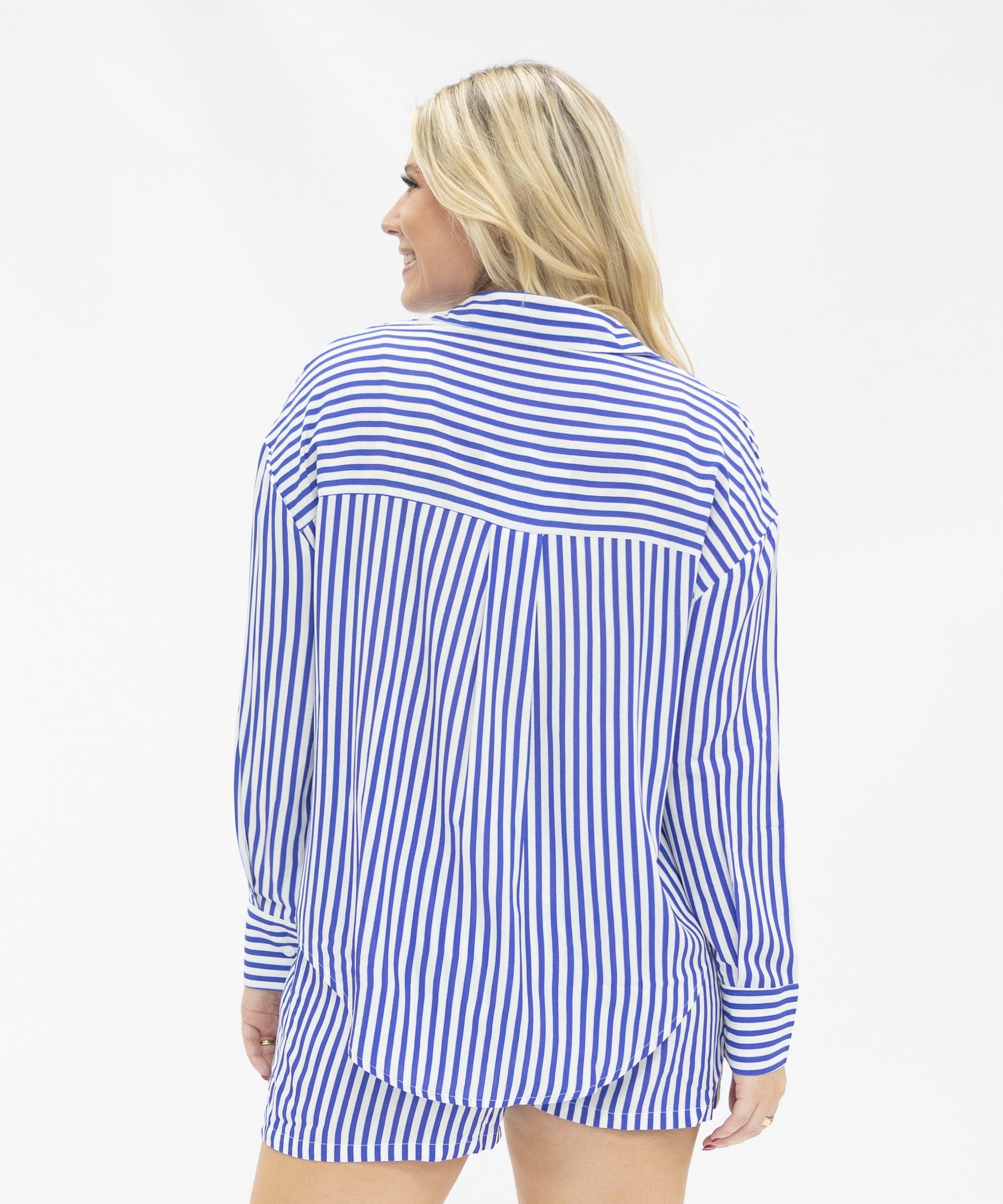 Women's Striped Trouser Shorts – High-Rise, Pleated & Comfortable Fit, Blue & White
