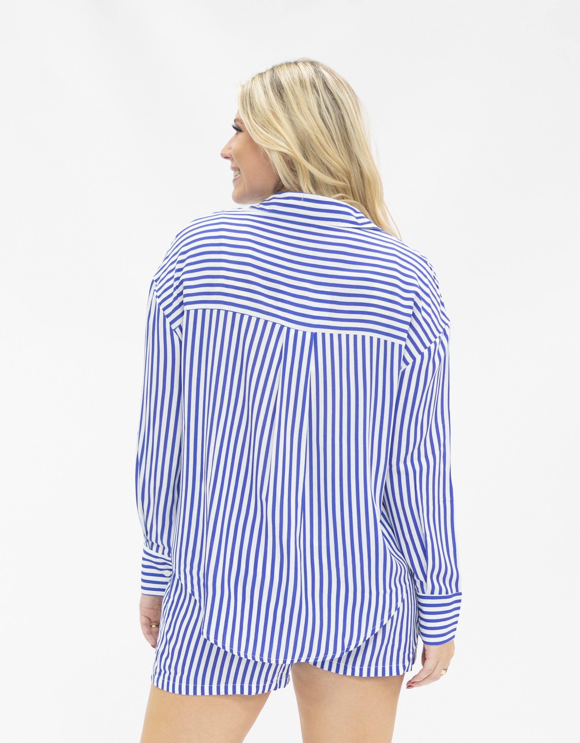 Women's Striped Trouser Shorts – High-Rise, Pleated & Comfortable Fit, Blue & White