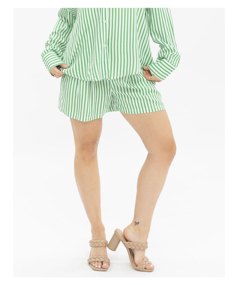 Women's Striped Trouser Shorts – High-Rise, Pleated & Comfortable Fit, Green & White