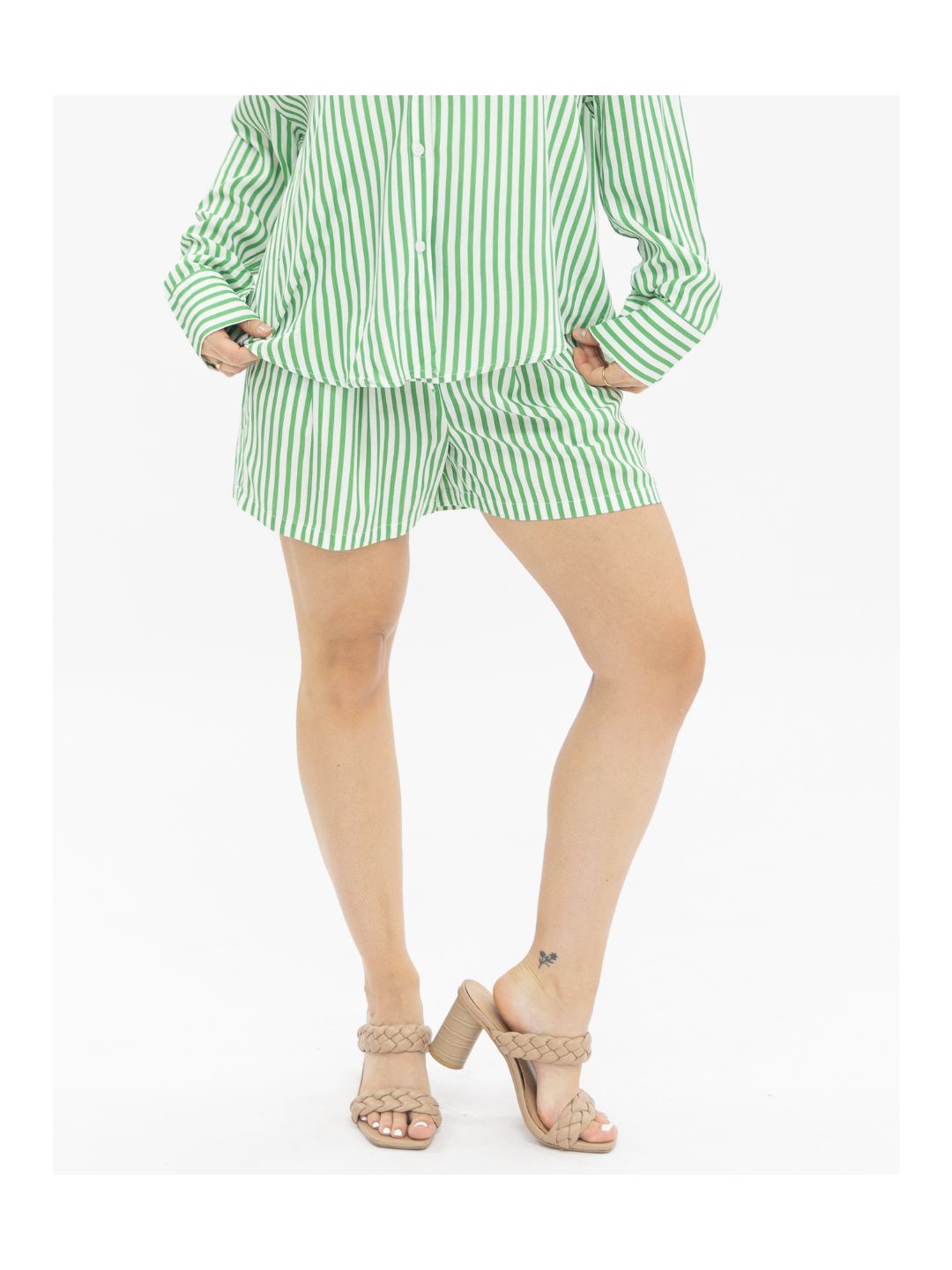 Women's Striped Trouser Shorts – High-Rise, Pleated & Comfortable Fit, Green & White