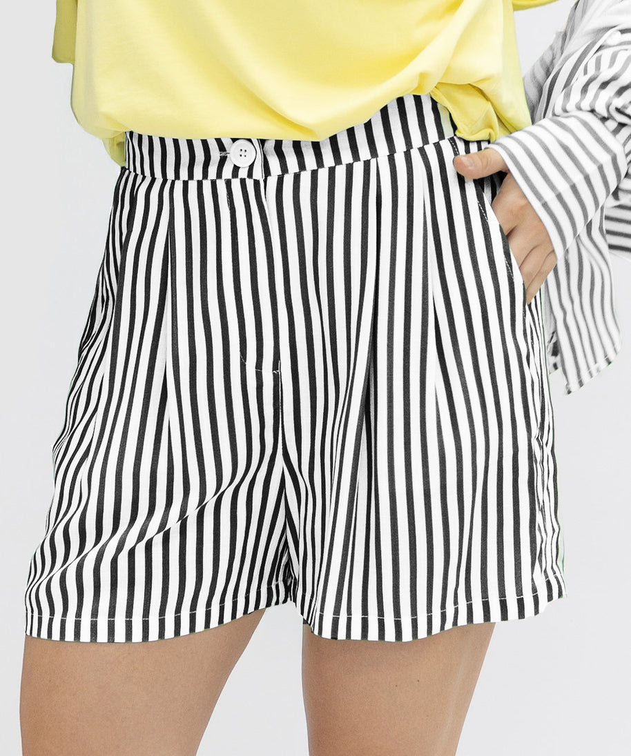 Women's Striped Trouser Shorts – High-Rise, Pleated & Comfortable Fit, Black & White
