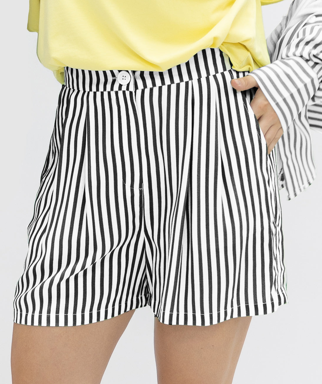 Women's Striped Trouser Shorts – High-Rise, Pleated & Comfortable Fit, Black & White