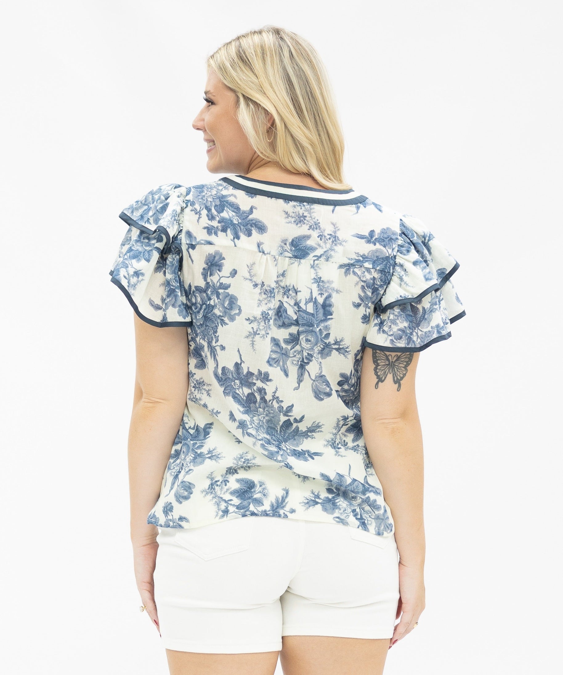 V-Neck Flutter Sleeve Top, Blue Floral