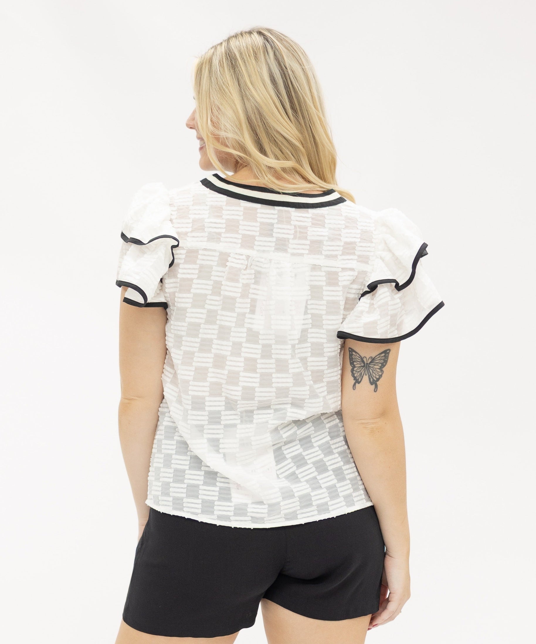 V-Neck Flutter Sleeve Top, White