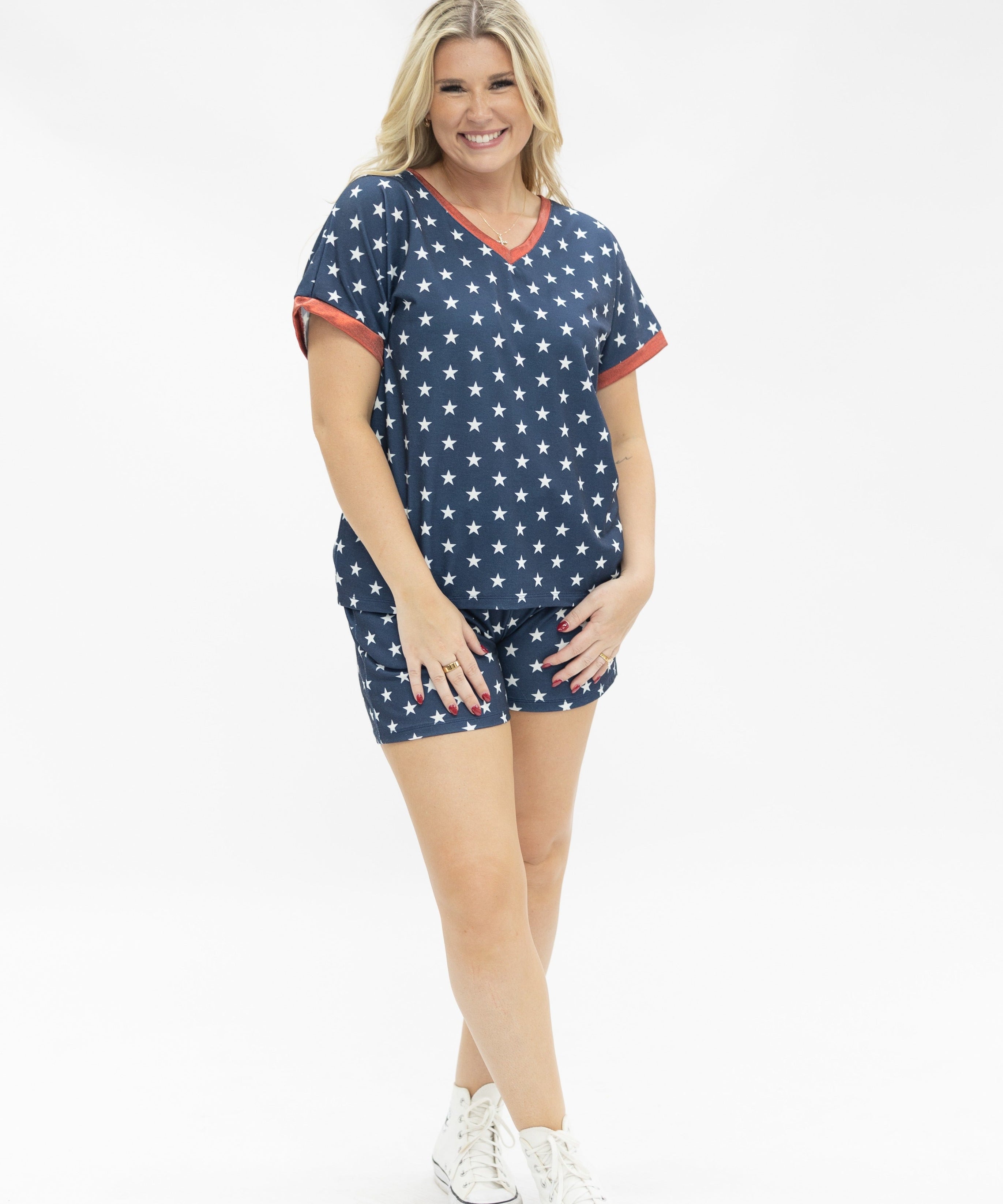 Blue and White Stars V-Neck Top