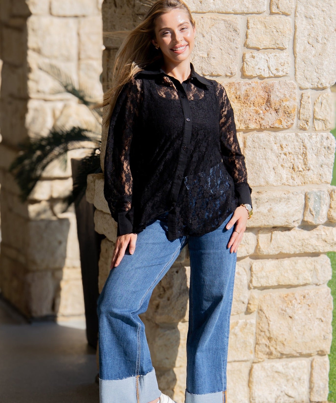 Kathryn Classic Button-Up, Black Lace