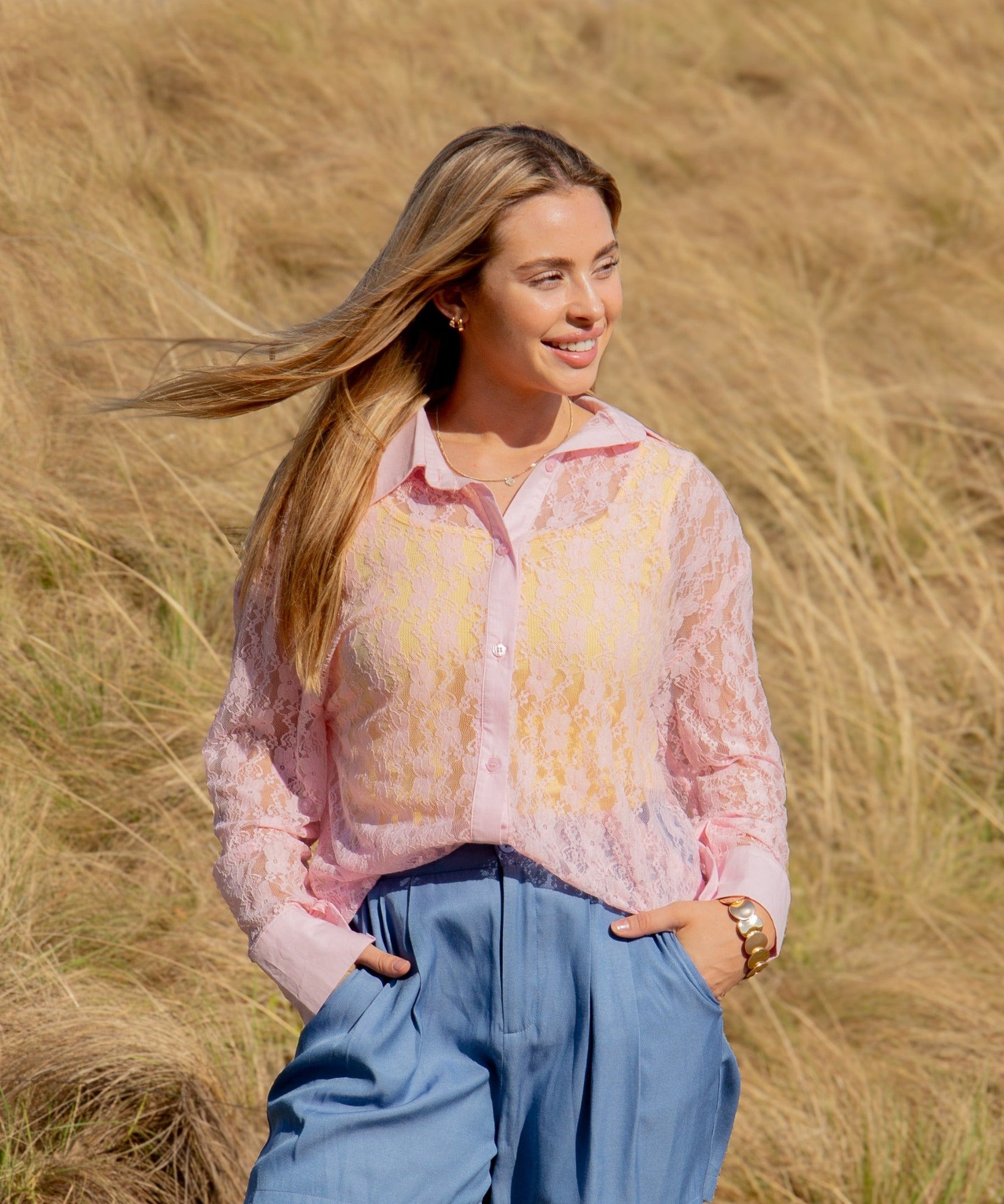 Kathryn Classic Button-Up, Light Pink Lace