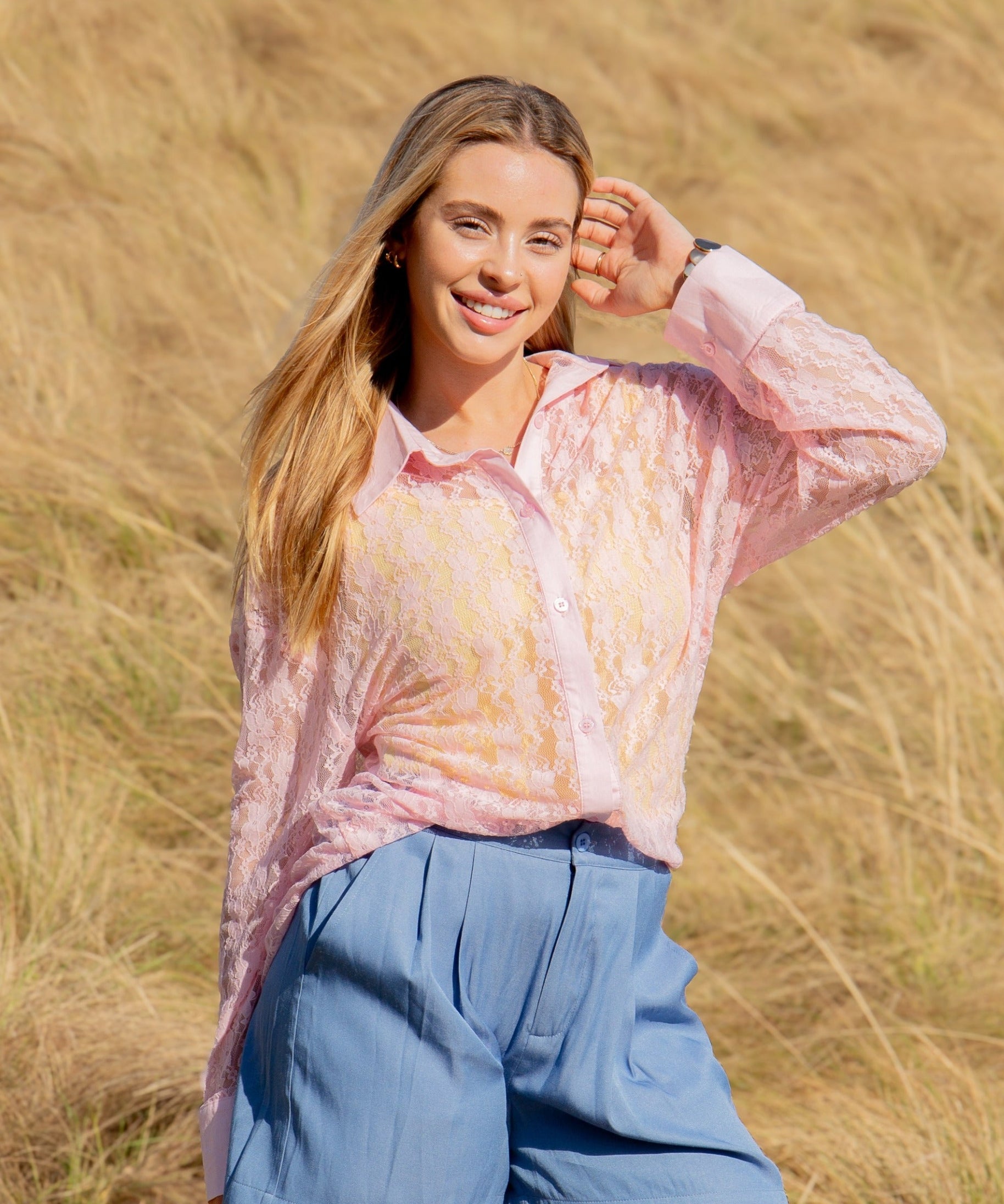 Kathryn Classic Button-Up, Light Pink Lace