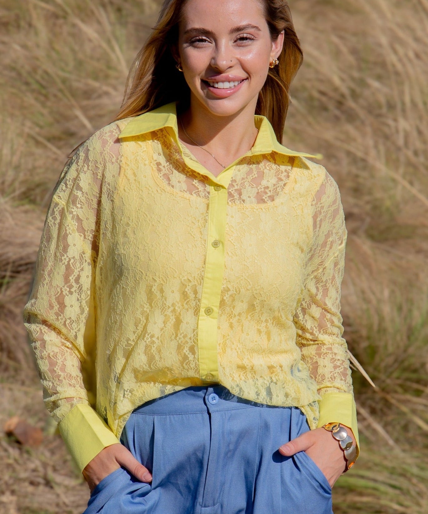 Kathryn Classic Button-Up, Yellow Lace