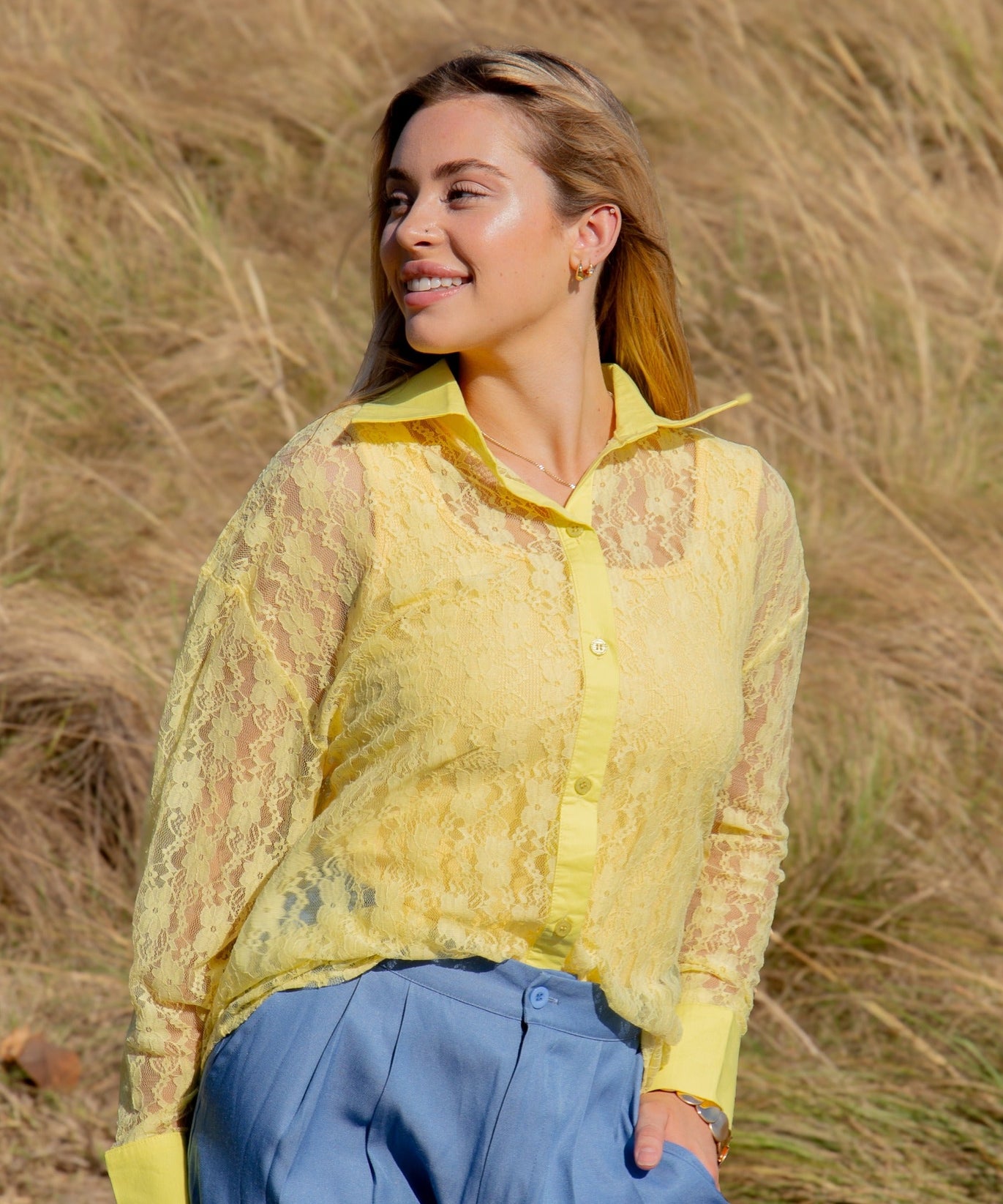 Kathryn Classic Button-Up, Yellow Lace