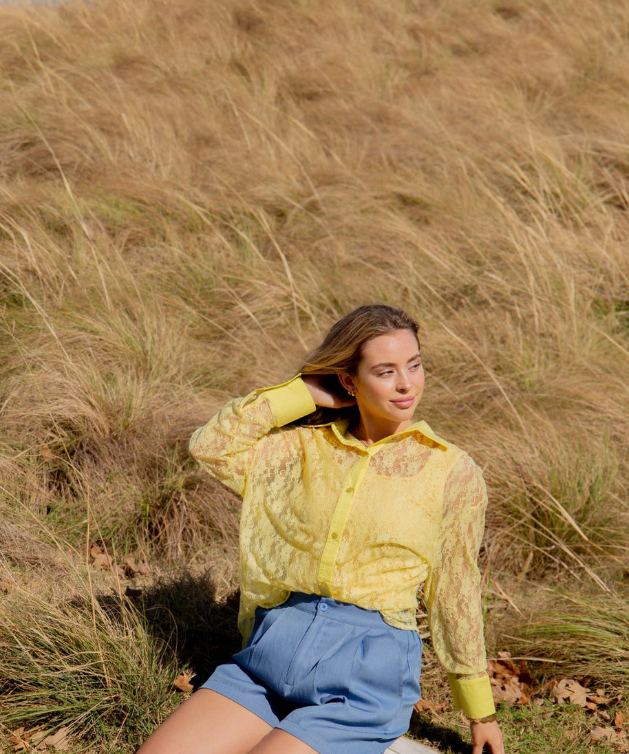 Kathryn Classic Button-Up, Yellow Lace
