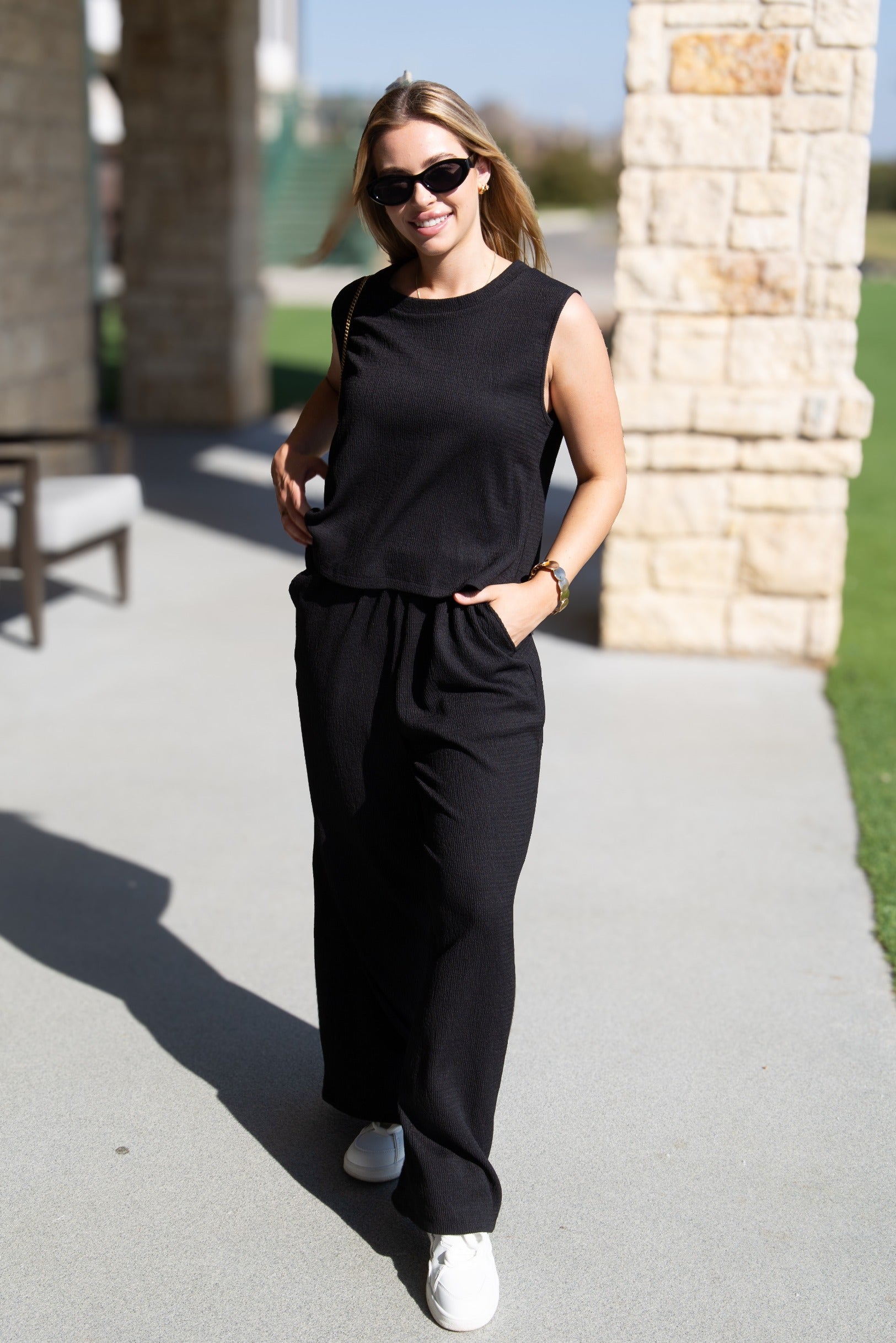 Earhart Black Textured Knit Lounge Pants – Relaxed Fit Women's Wide-Leg Pants