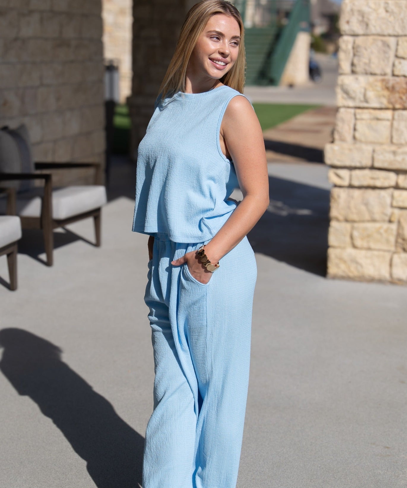 Women's Blue Textured Knit Lounge Pants – Relaxed Fit, High Stretch & Pockets