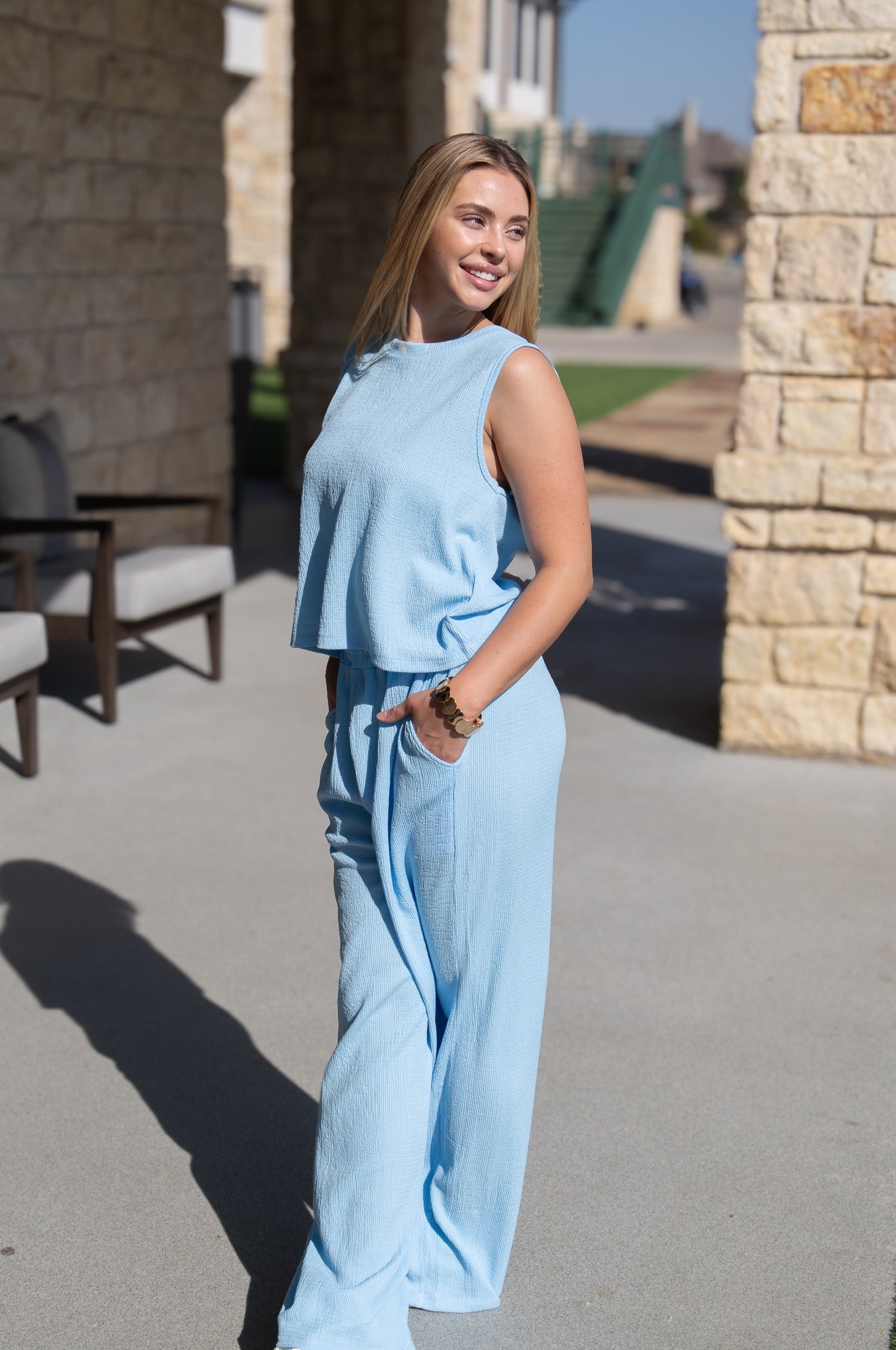 Women's Blue Textured Knit Lounge Pants – Relaxed Fit, High Stretch & Pockets