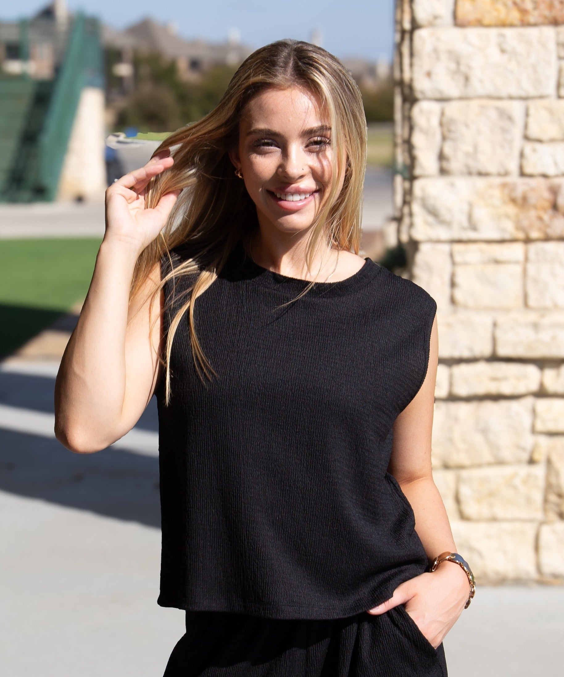 Earhart Black Textured Knit Tank Top – Relaxed Fit Women's Crew Neck Top