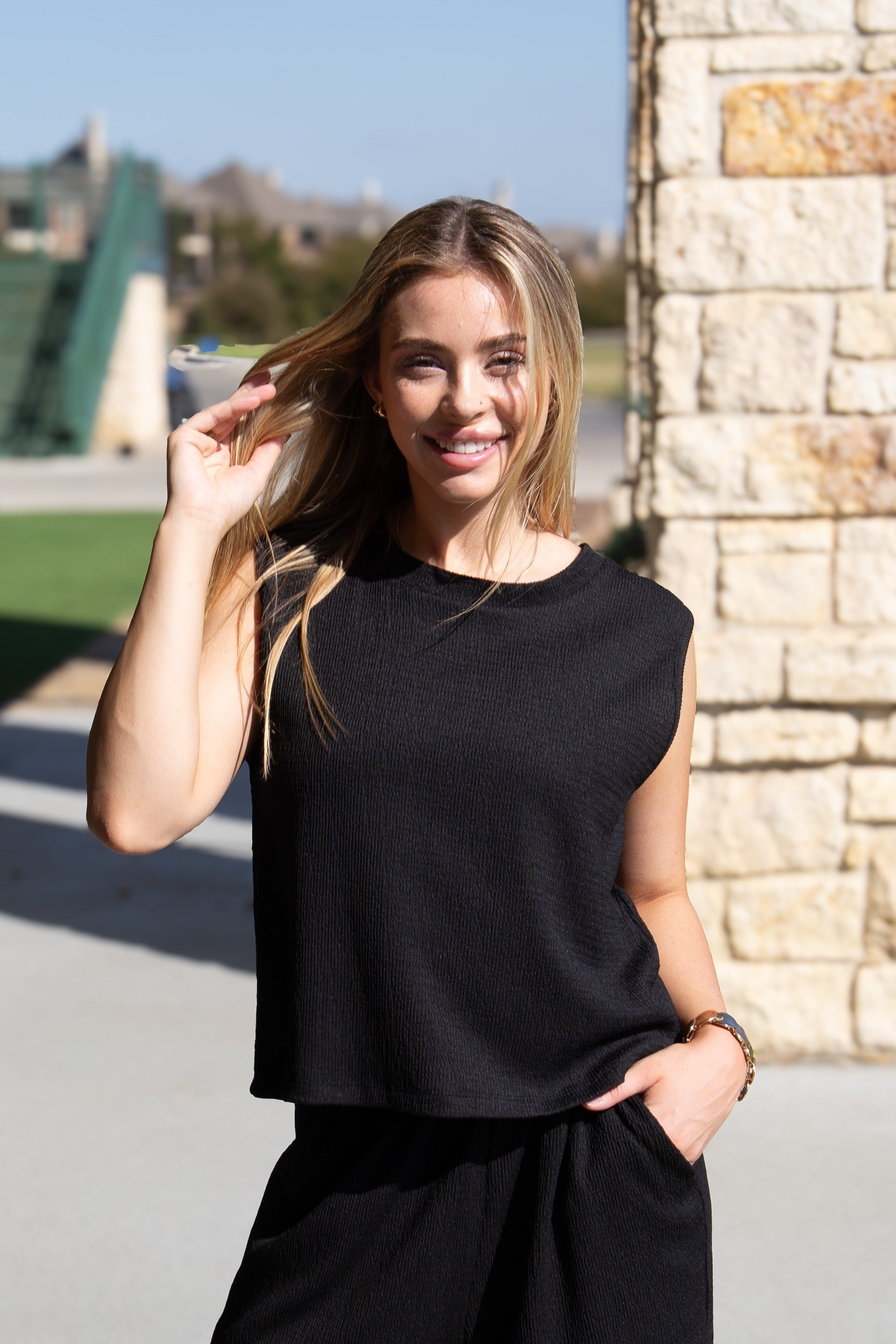Earhart Black Textured Knit Tank Top – Relaxed Fit Women's Crew Neck Top