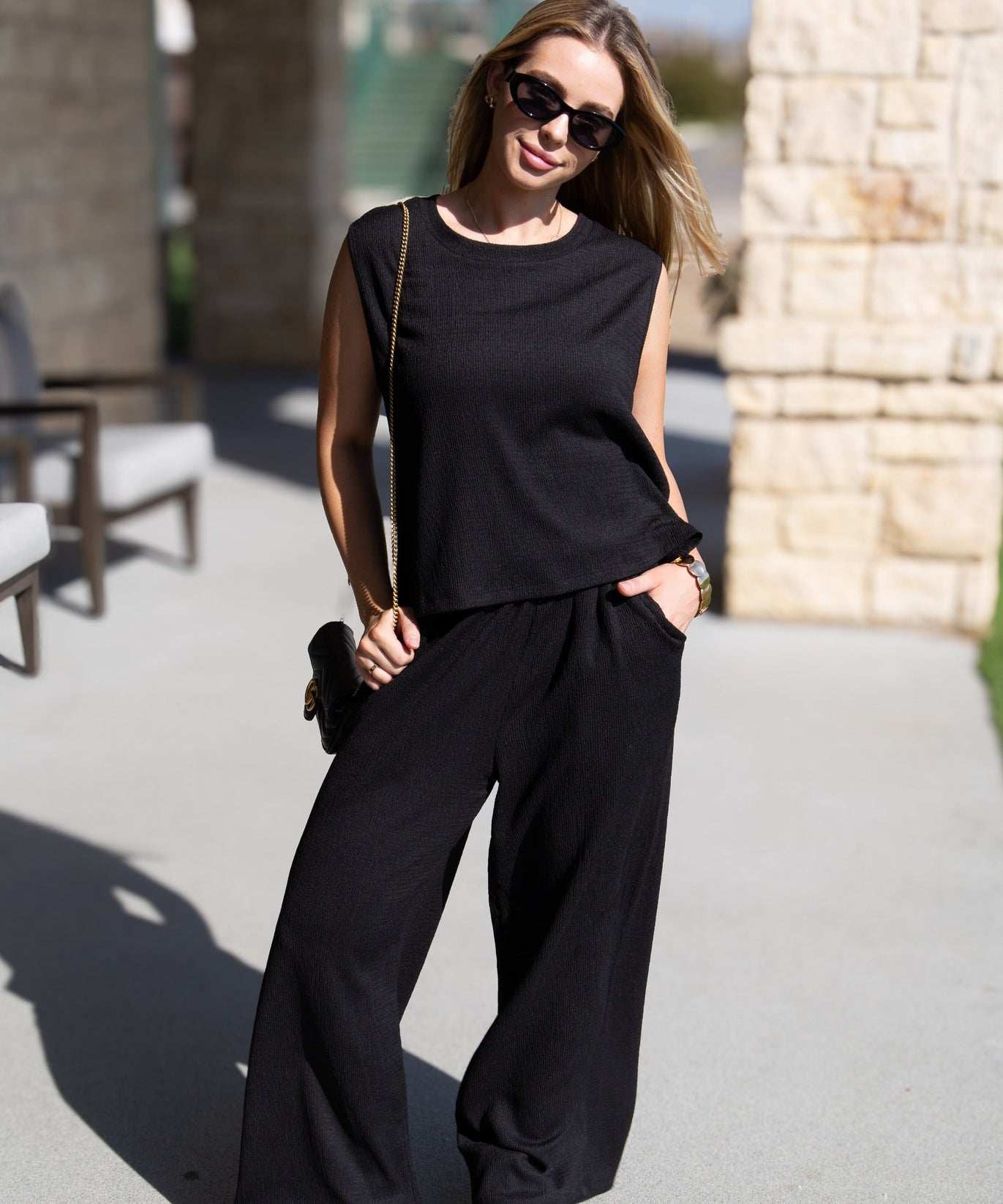 Earhart Black Textured Knit Tank Top – Relaxed Fit Women's Crew Neck Top