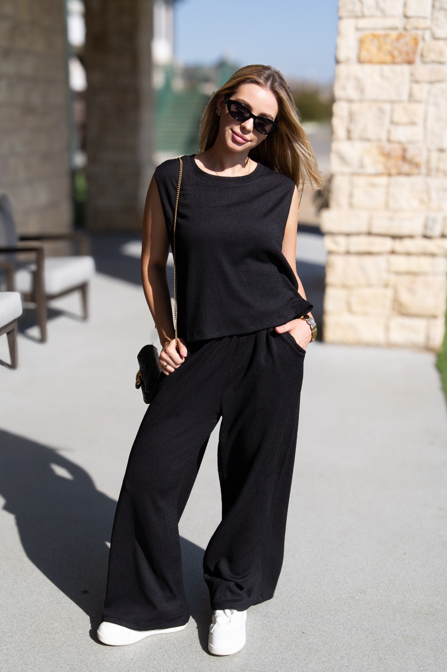 Earhart Black Textured Knit Tank Top – Relaxed Fit Women's Crew Neck Top