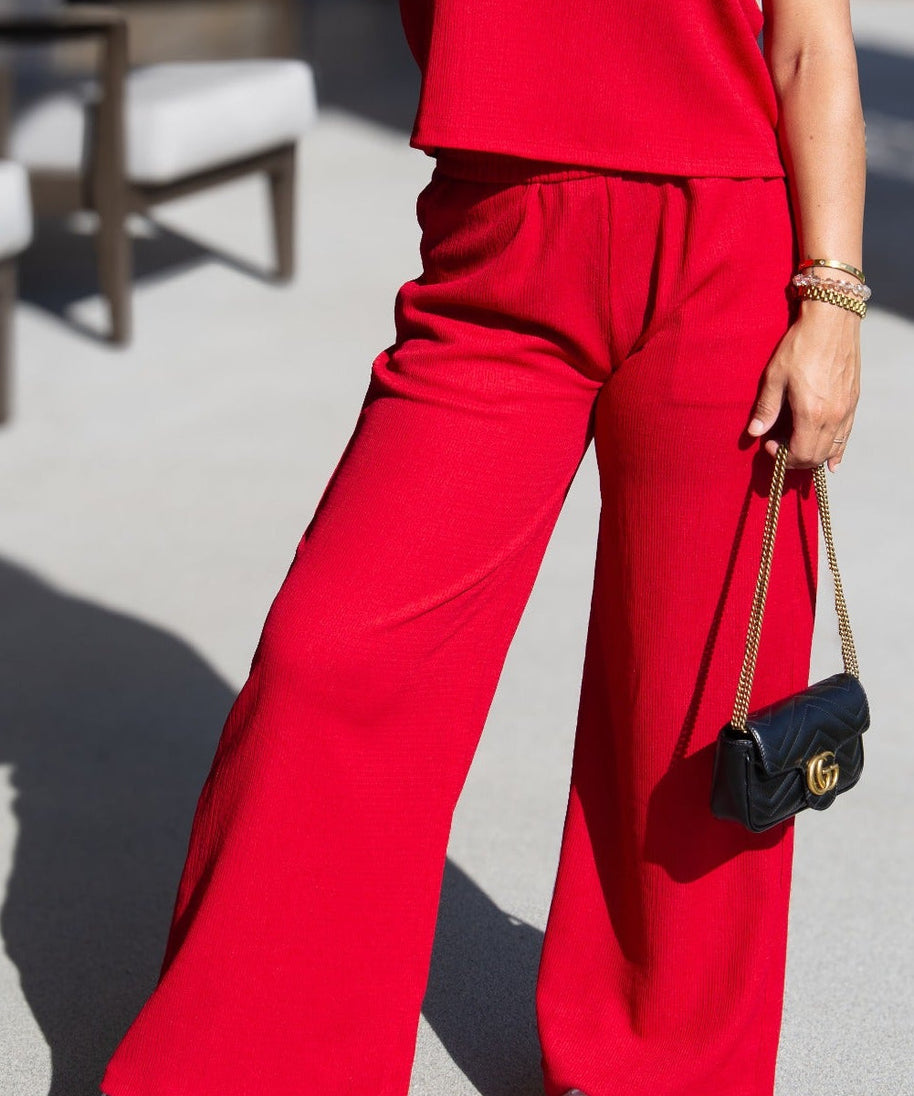 Earhart Red Textured Knit Lounge Pants – Relaxed Fit Women's Wide-Leg Pants