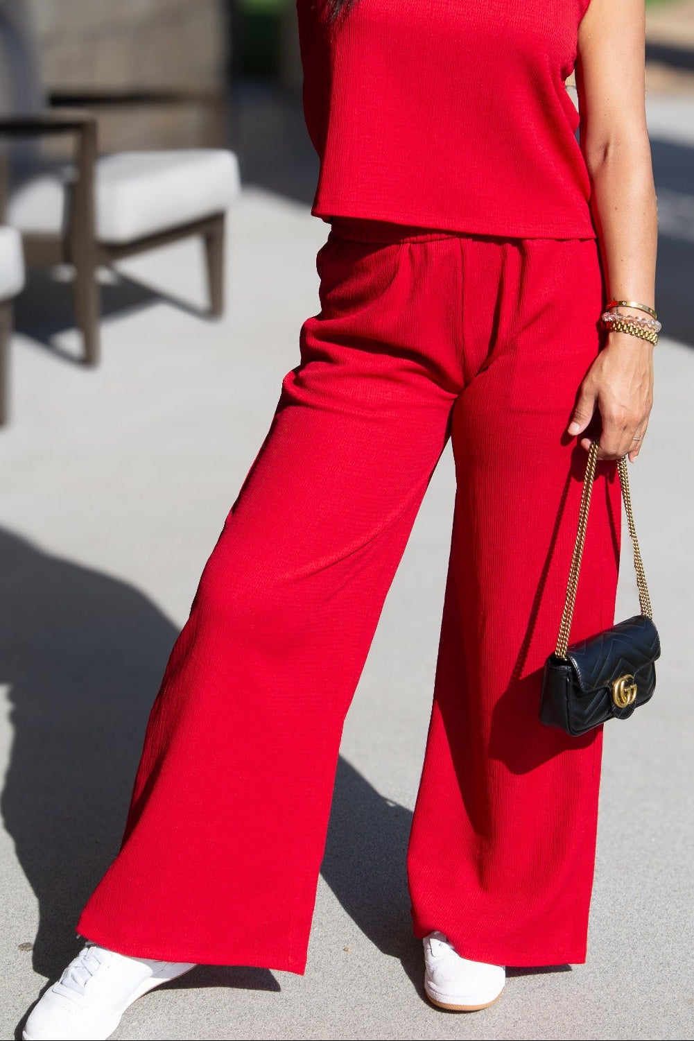 Earhart Red Textured Knit Lounge Pants – Relaxed Fit Women's Wide-Leg Pants