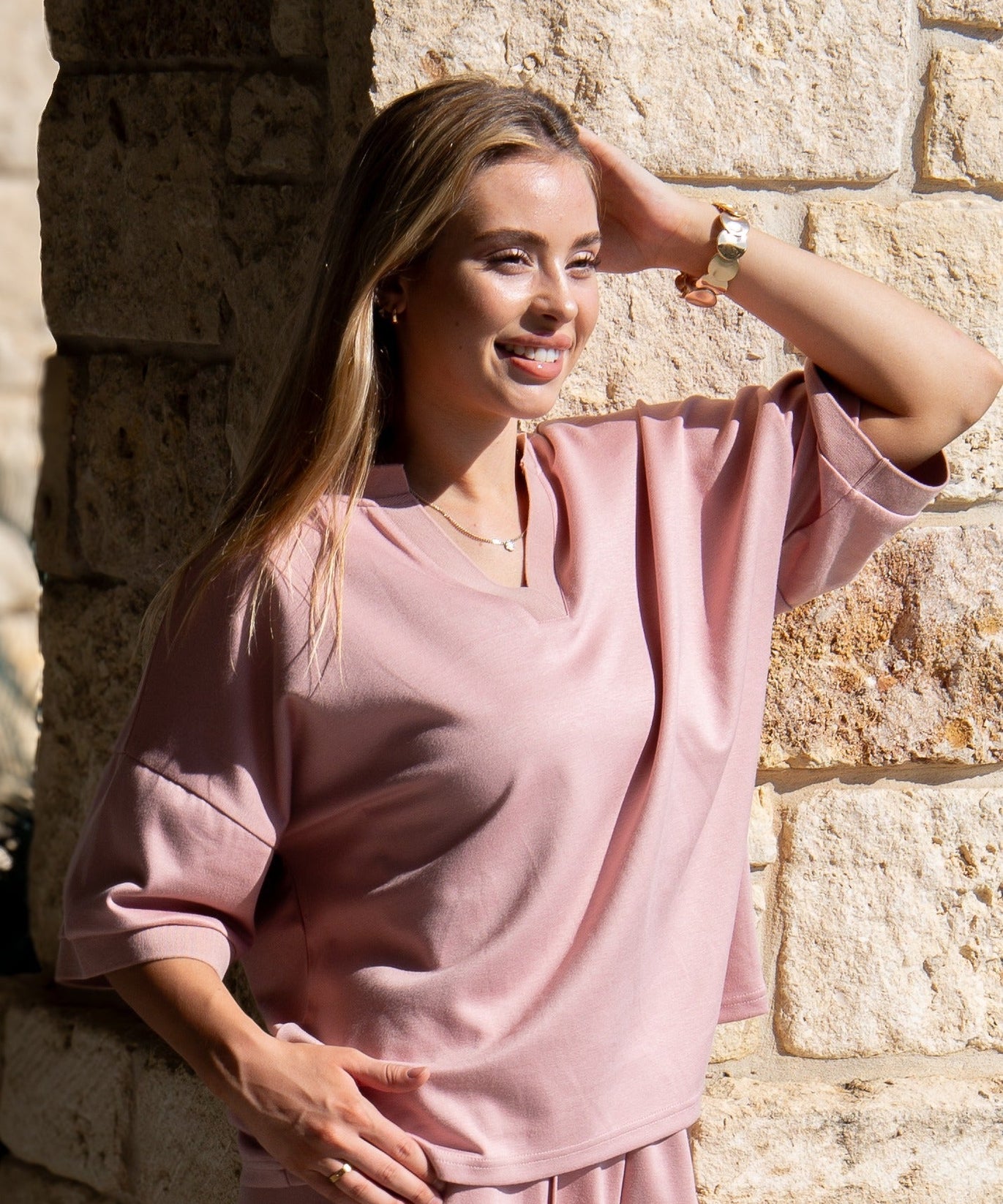 Butter Soft V-Neck Top for Women – Relaxed Fit, Drawstring Waist, Pink