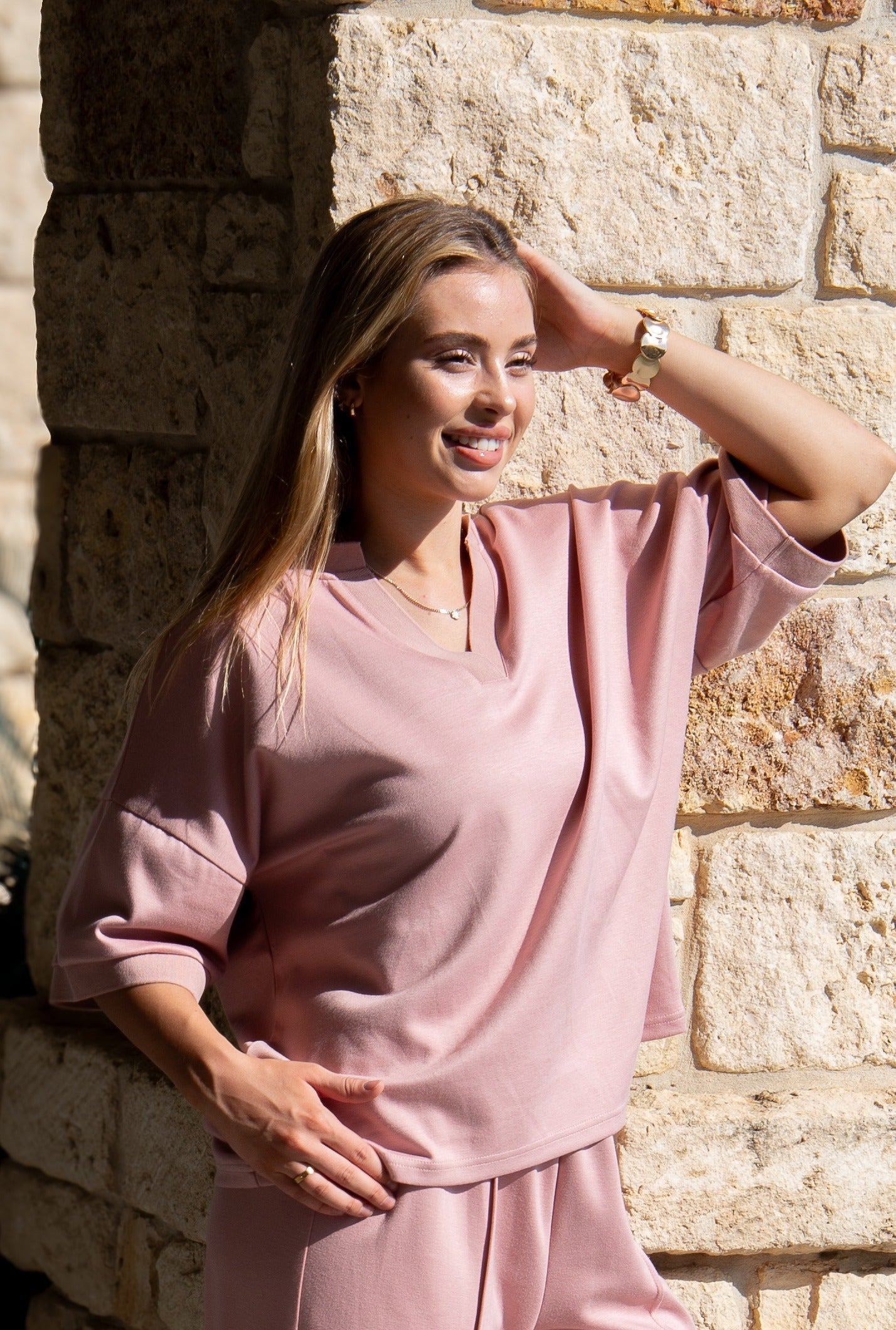 Butter Soft V-Neck Top for Women – Relaxed Fit, Drawstring Waist, Pink