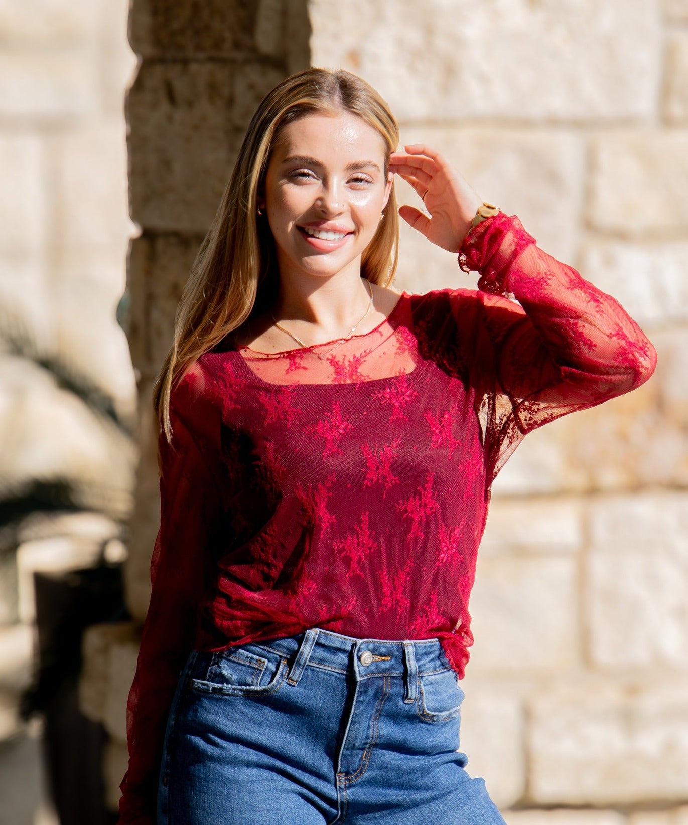 Lace Long-sleeve Top, Red