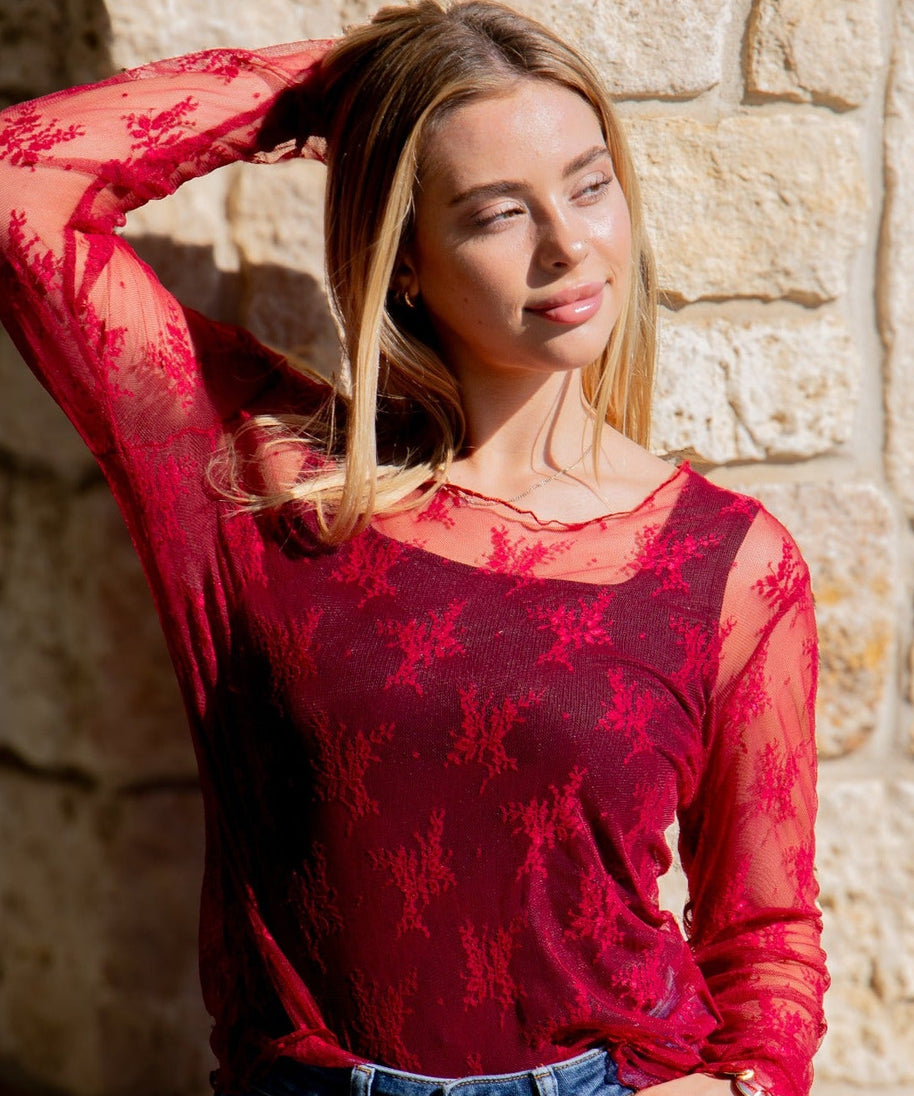 Lace Long-sleeve Top, Red