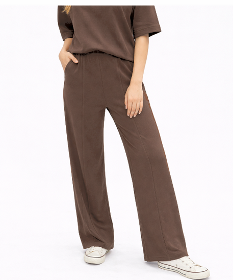 Women's Brown Butter Soft Wide Leg Pants | Elastic Waist | Pockets | 55% Rayon