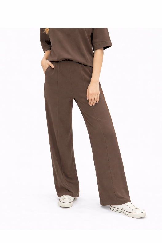 Women's Brown Butter Soft Wide Leg Pants | Elastic Waist | Pockets | 55% Rayon
