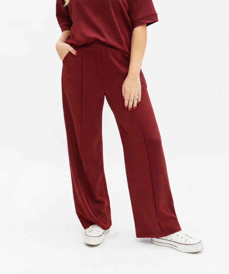 Women's Maroon Butter Soft Wide Leg Pants | Elastic Waist | Pockets | 55% Rayon