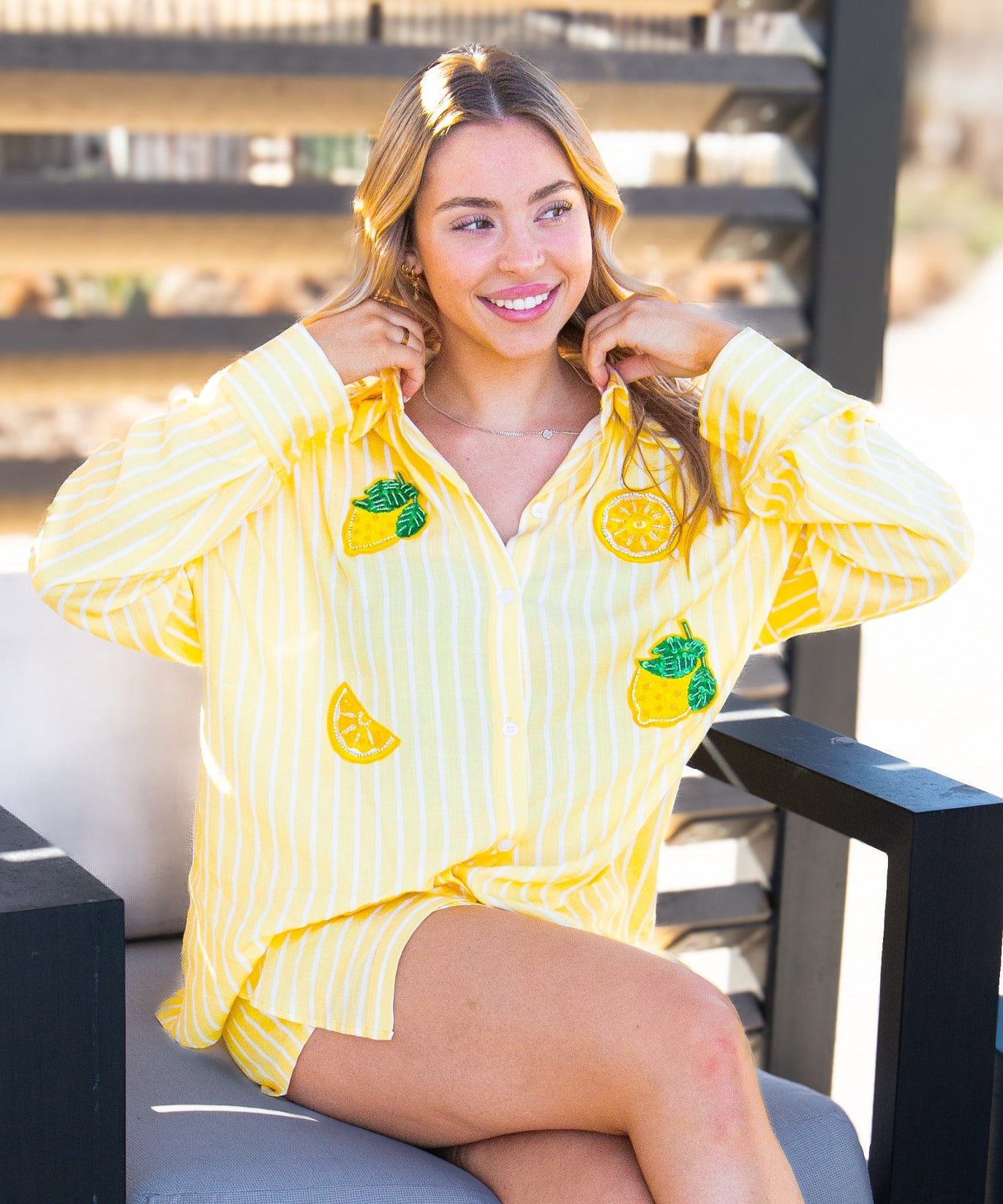 Kathryn Classic Button-Up Shirt for Women – Striped, Oversized Fit, Yellow