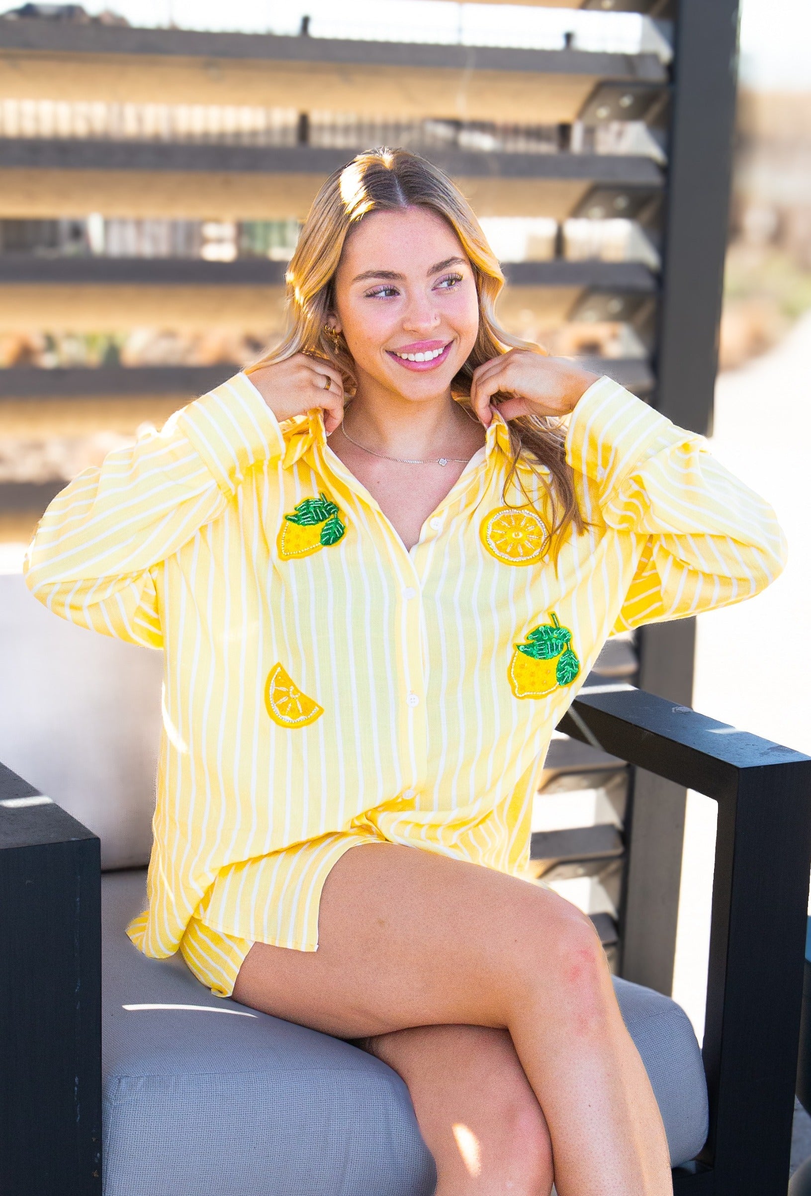 Kathryn Classic Button-Up Shirt for Women – Striped, Oversized Fit, Yellow