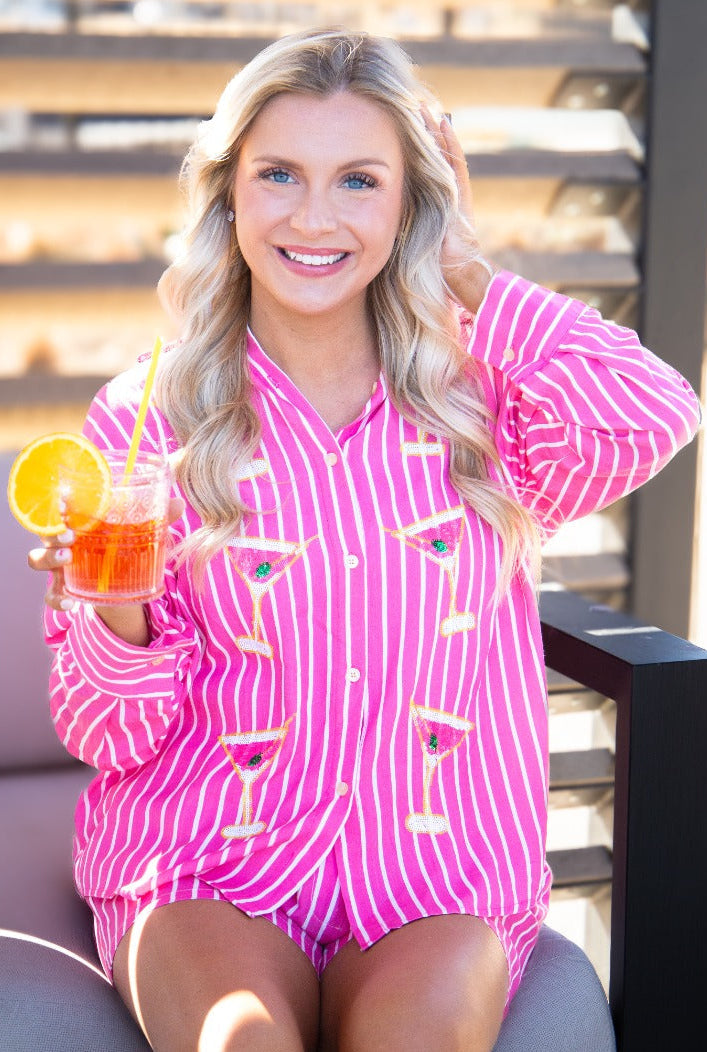 Kathryn Classic Button-Up Shirt for Women – Striped, Oversized Fit, Pink