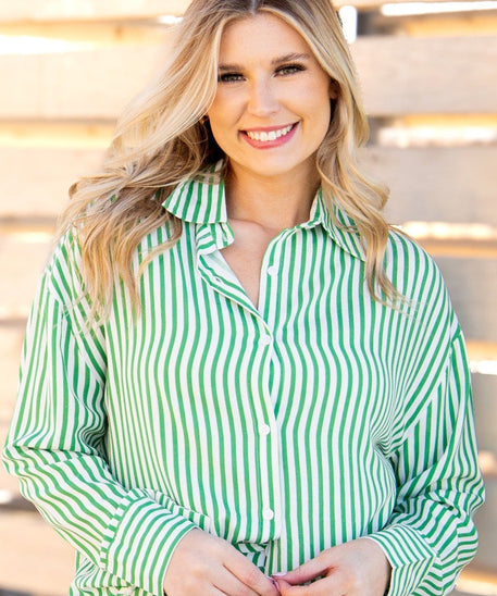 Kathryn Classic Button-Up Shirt for Women – Striped, Oversized Fit, Green