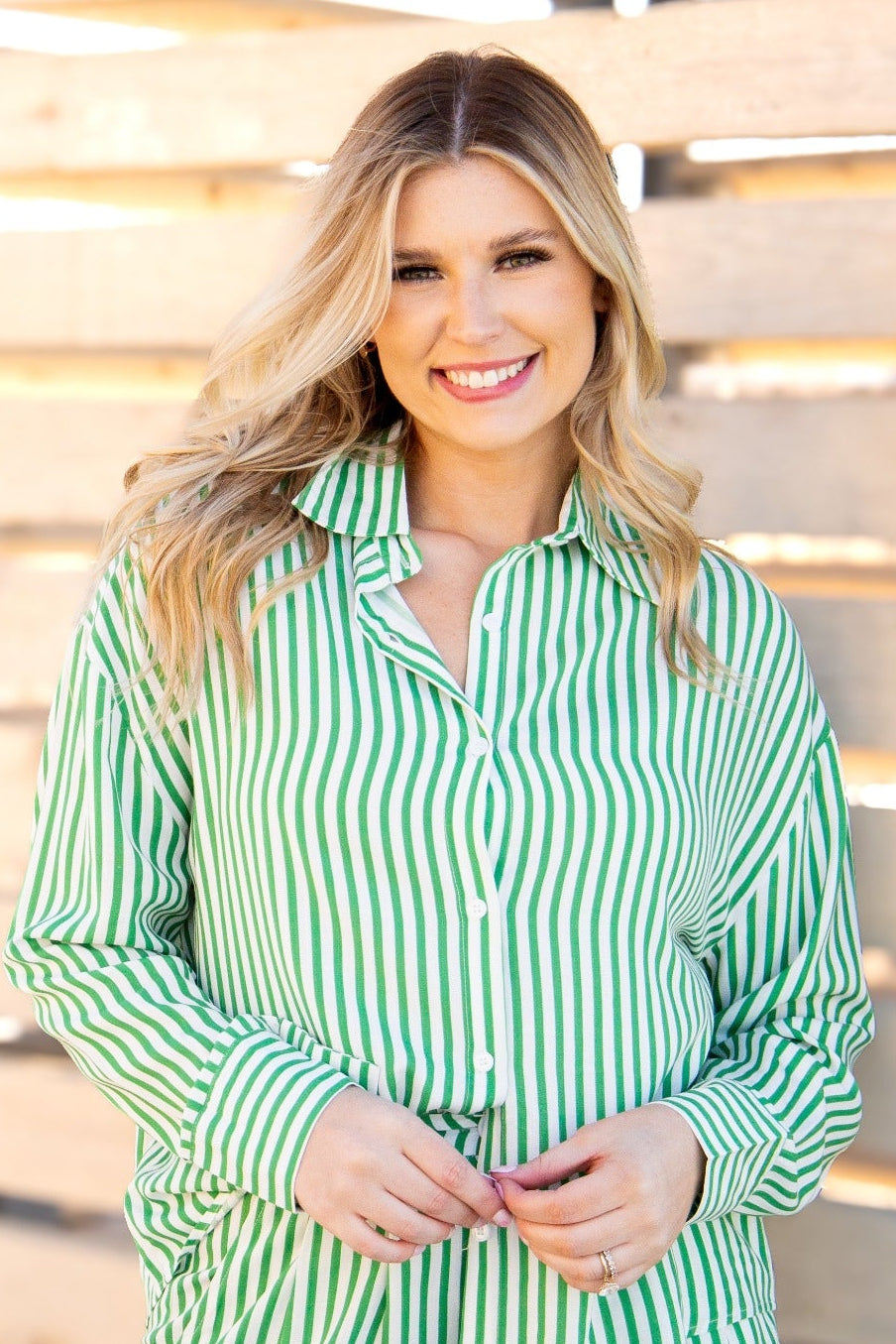 Kathryn Classic Button-Up Shirt for Women – Striped, Oversized Fit, Green