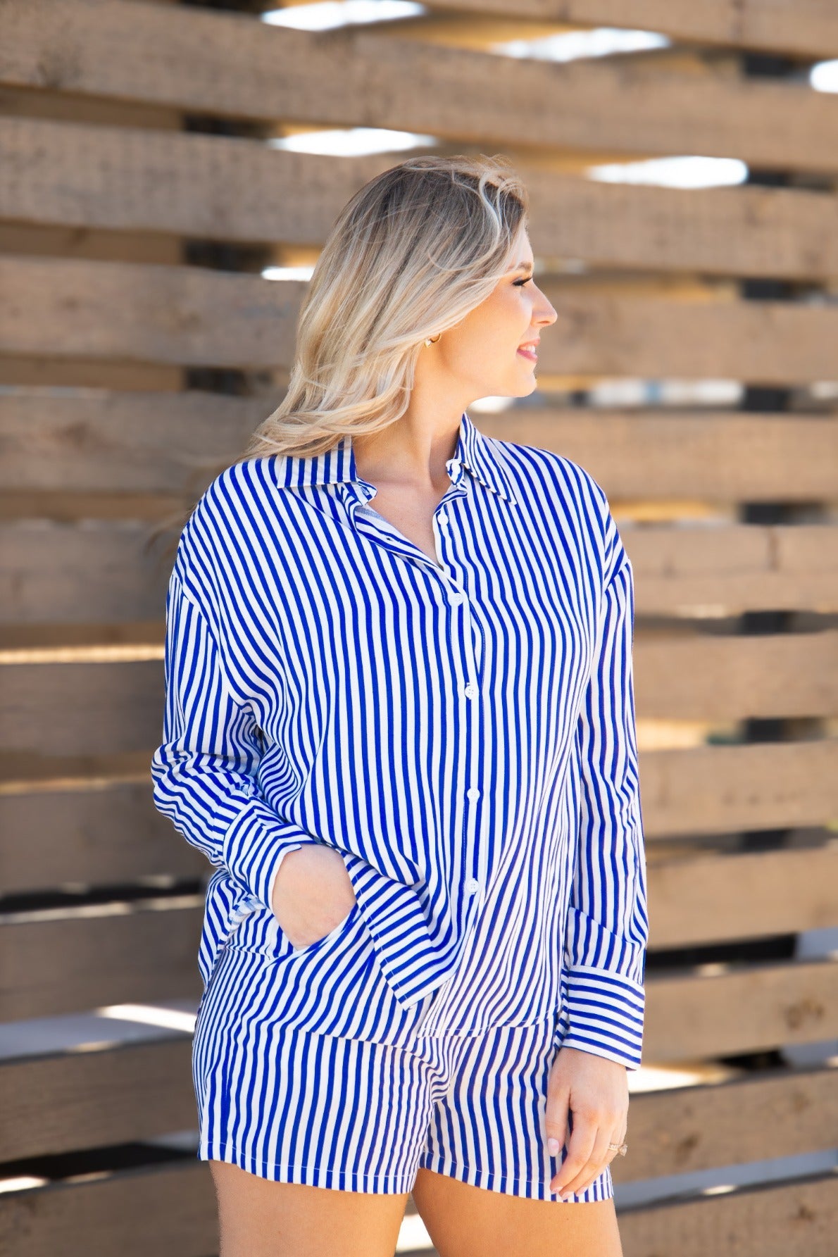 Women's Striped Trouser Shorts – High-Rise, Pleated & Comfortable Fit, Blue & White