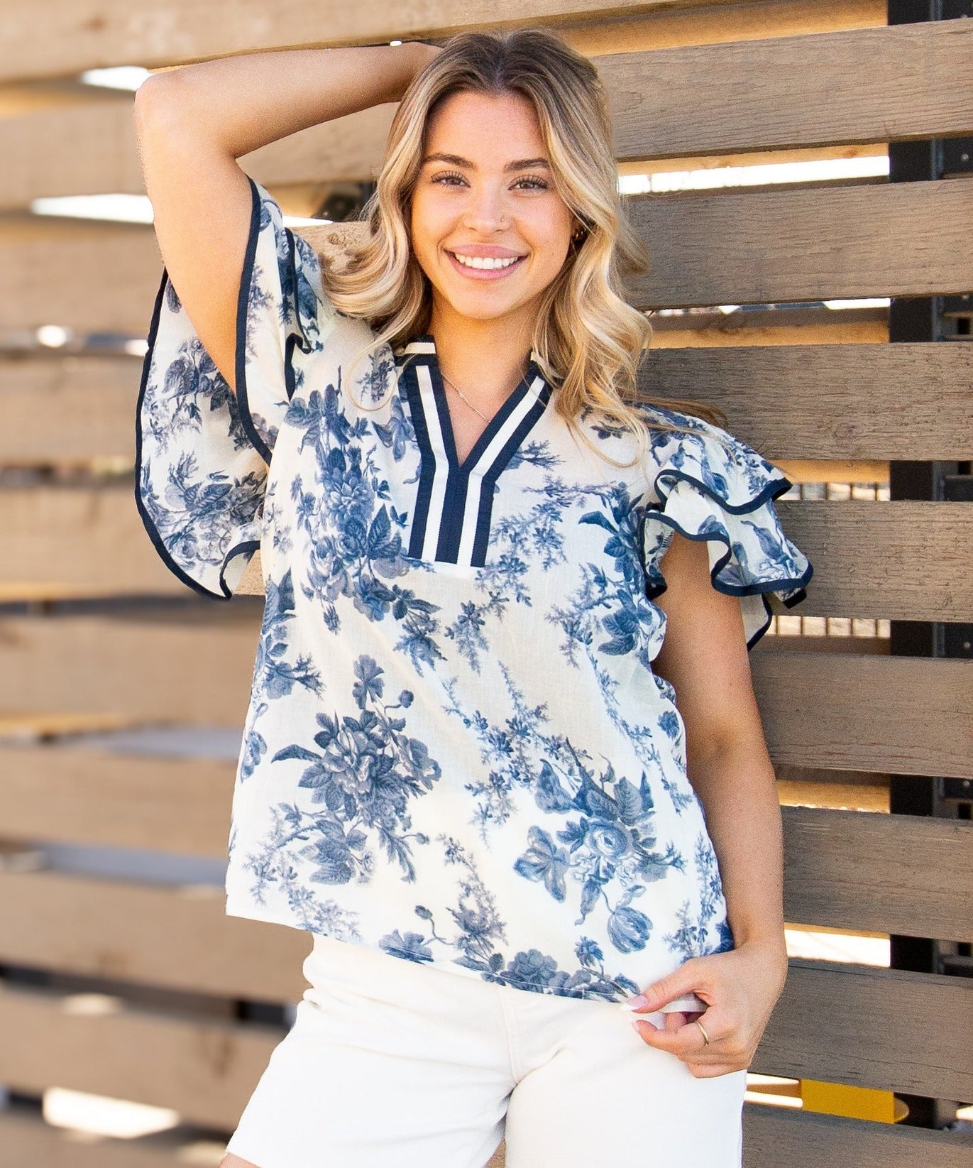 V-Neck Flutter Sleeve Top, Blue Floral