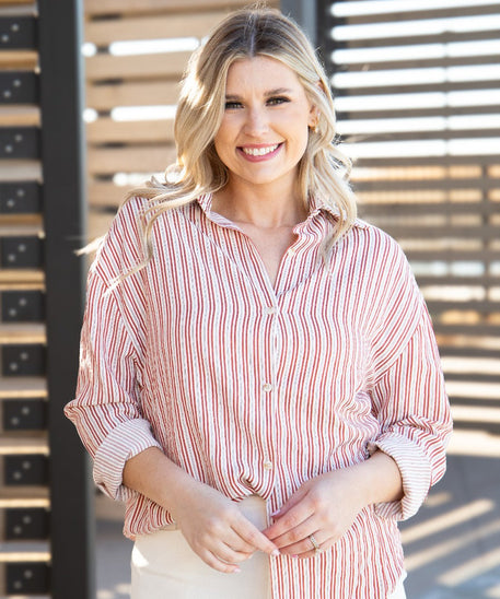 Kathryn Classic Button-Up, Red Stripes
