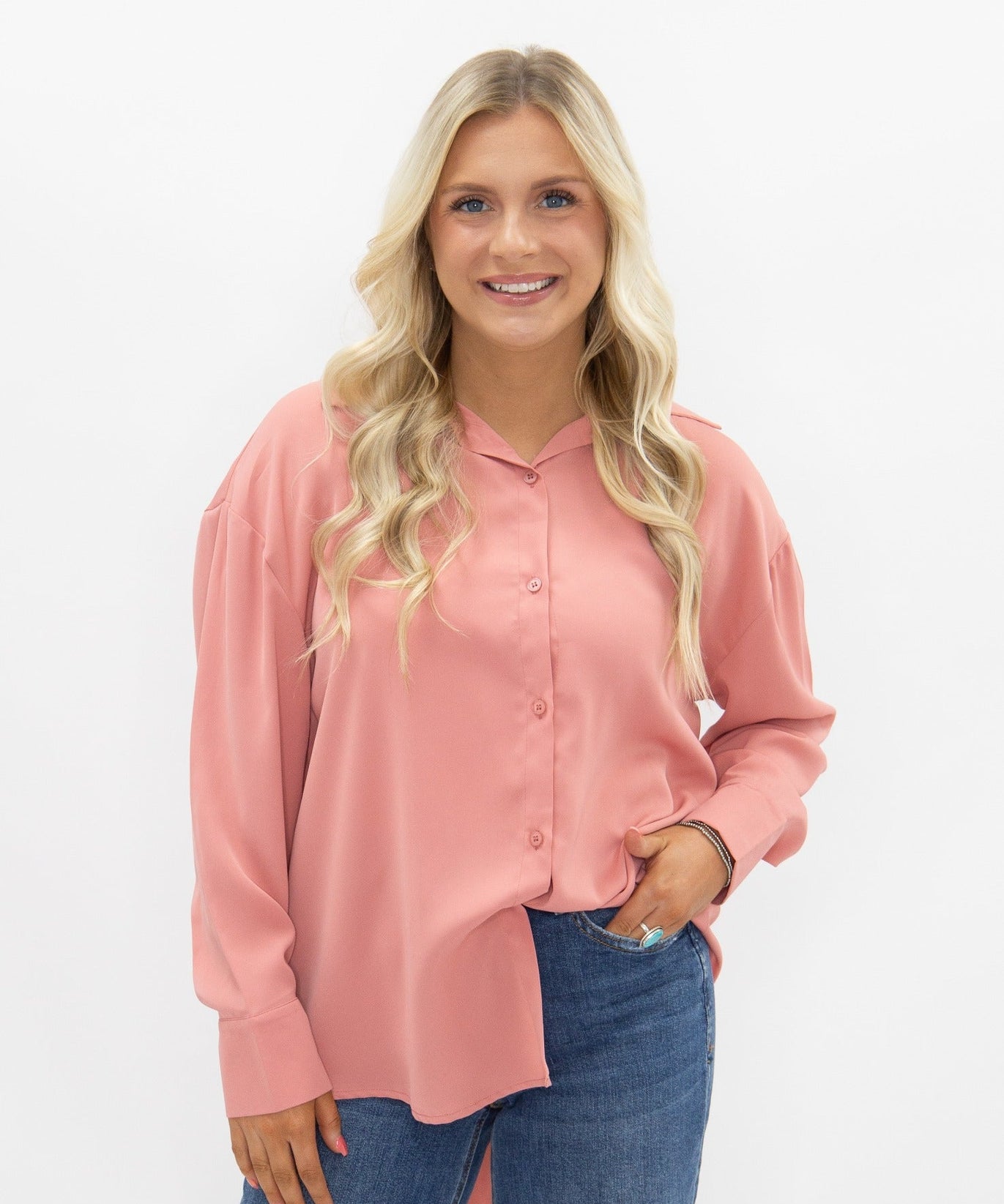 Women's Blush Pink Classic Button-Up Shirt | Relaxed Fit | Lightweight | 100% Polyester