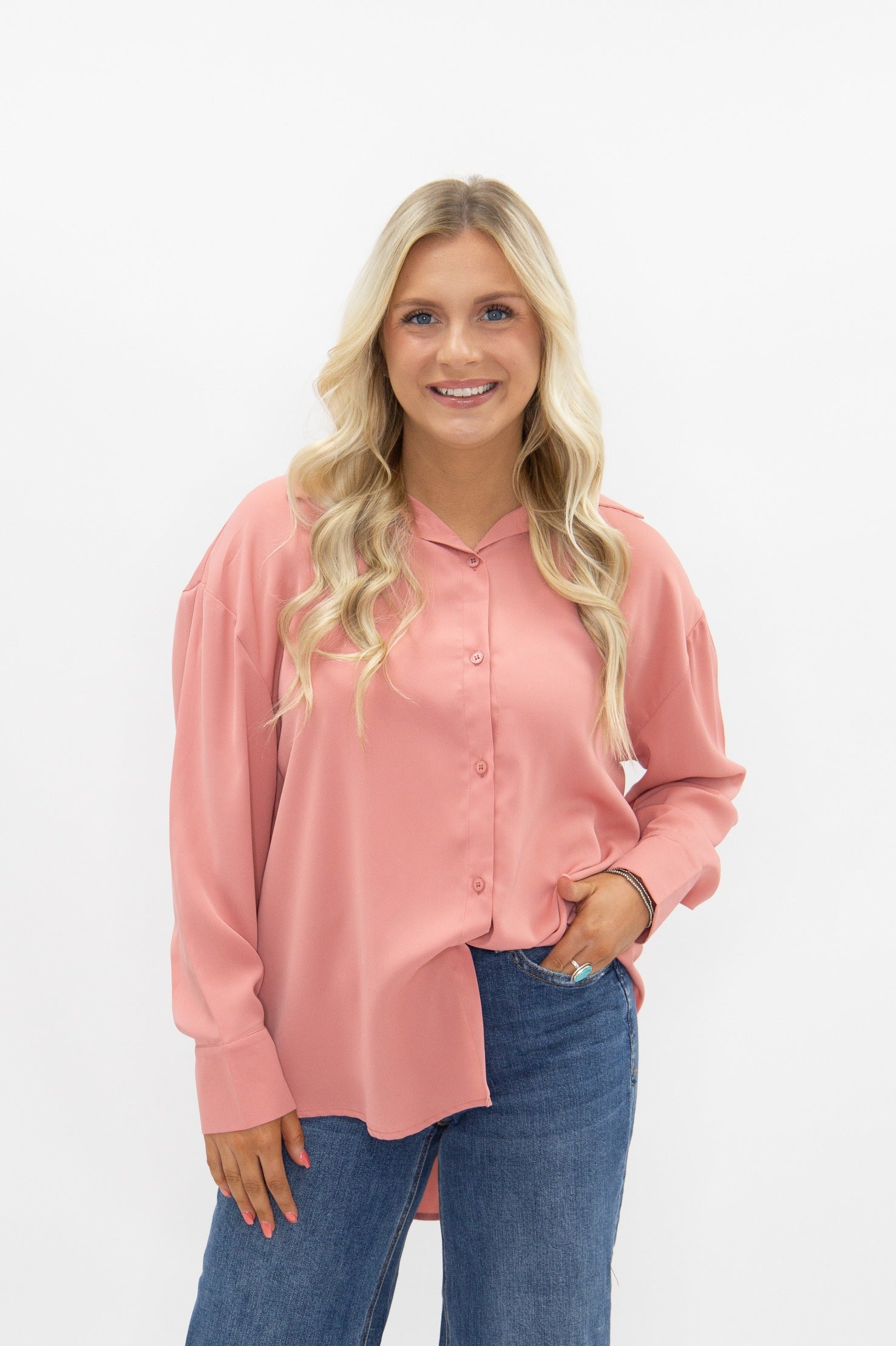 Women's Blush Pink Classic Button-Up Shirt | Relaxed Fit | Lightweight | 100% Polyester