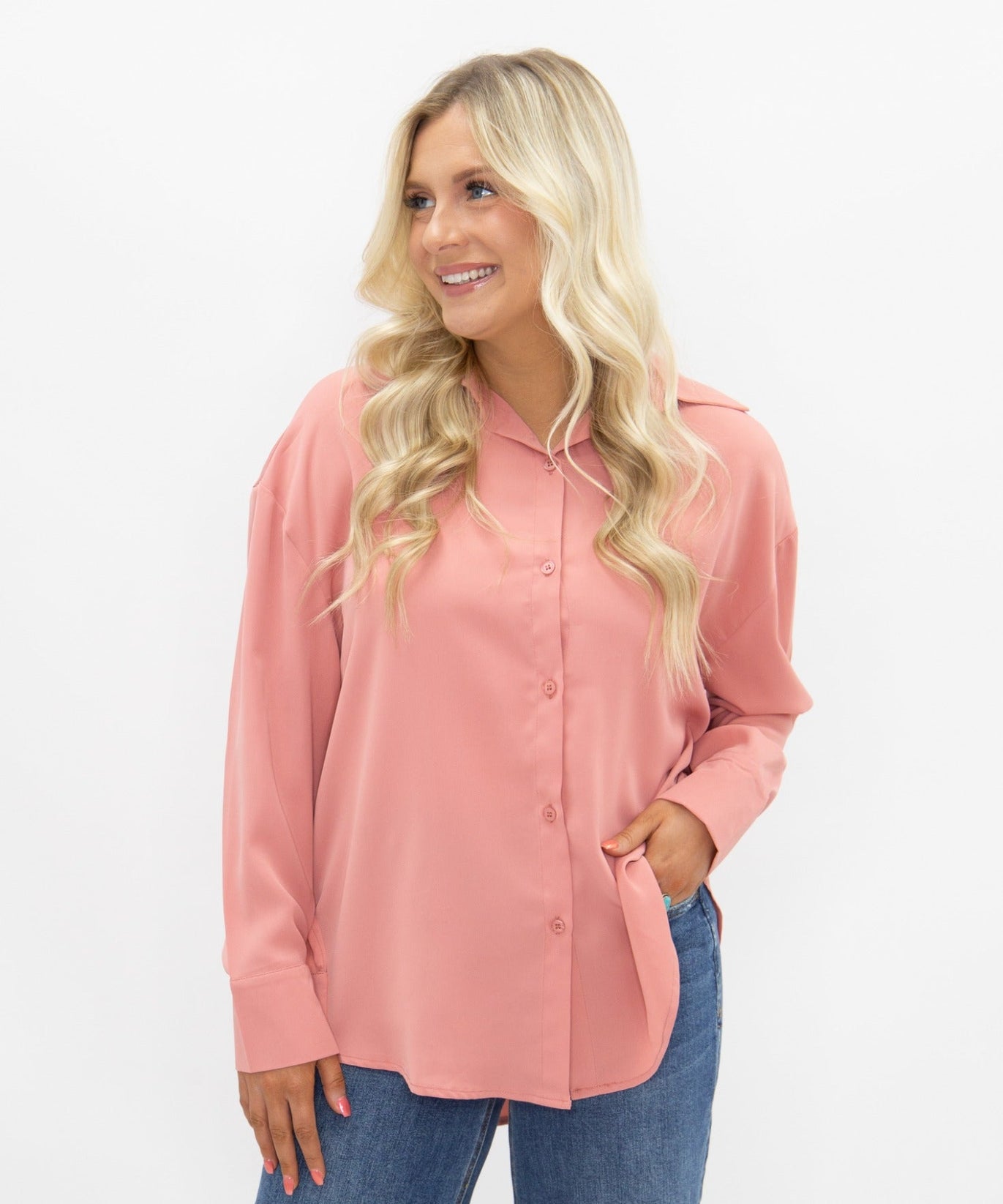 Women's Blush Pink Classic Button-Up Shirt | Relaxed Fit | Lightweight | 100% Polyester