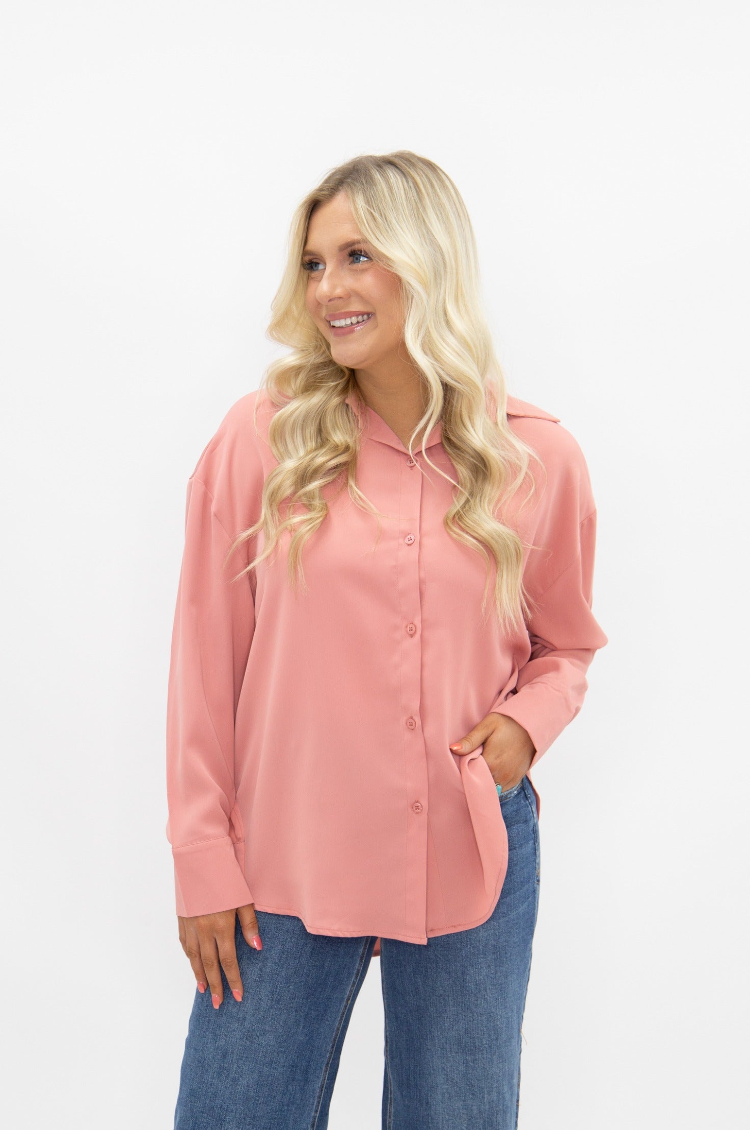 Women's Blush Pink Classic Button-Up Shirt | Relaxed Fit | Lightweight | 100% Polyester