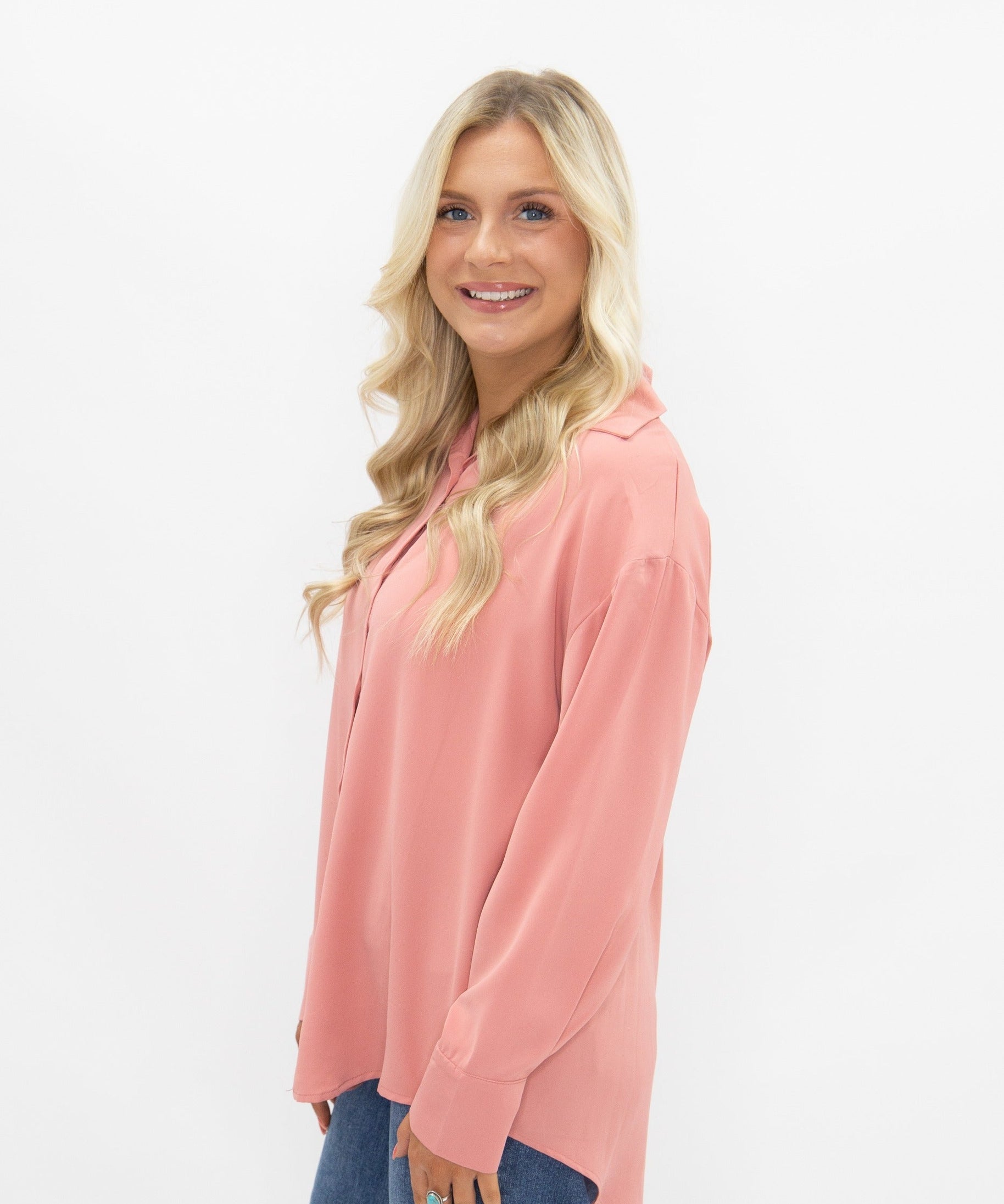 Women's Blush Pink Classic Button-Up Shirt | Relaxed Fit | Lightweight | 100% Polyester