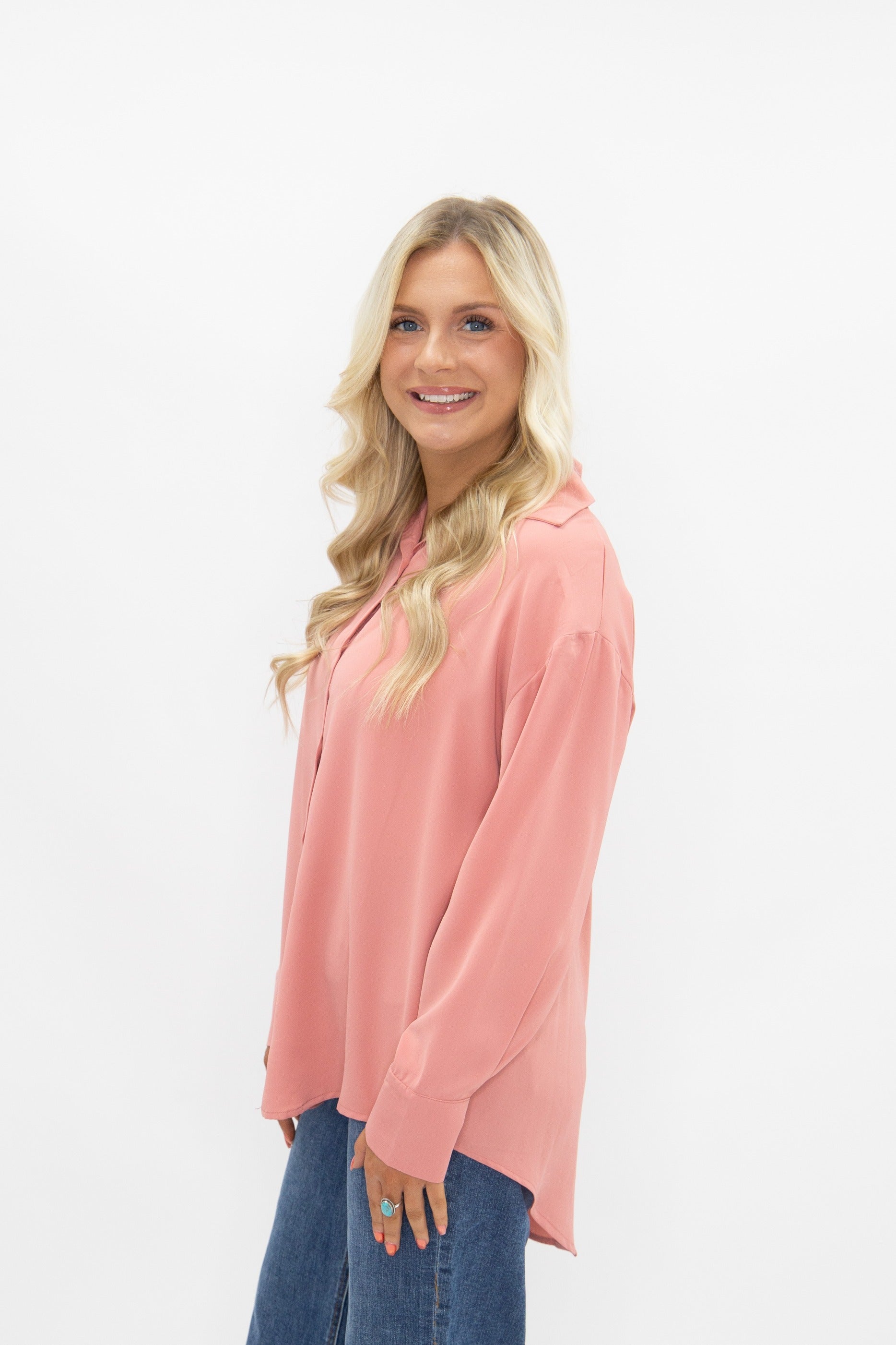 Women's Blush Pink Classic Button-Up Shirt | Relaxed Fit | Lightweight | 100% Polyester